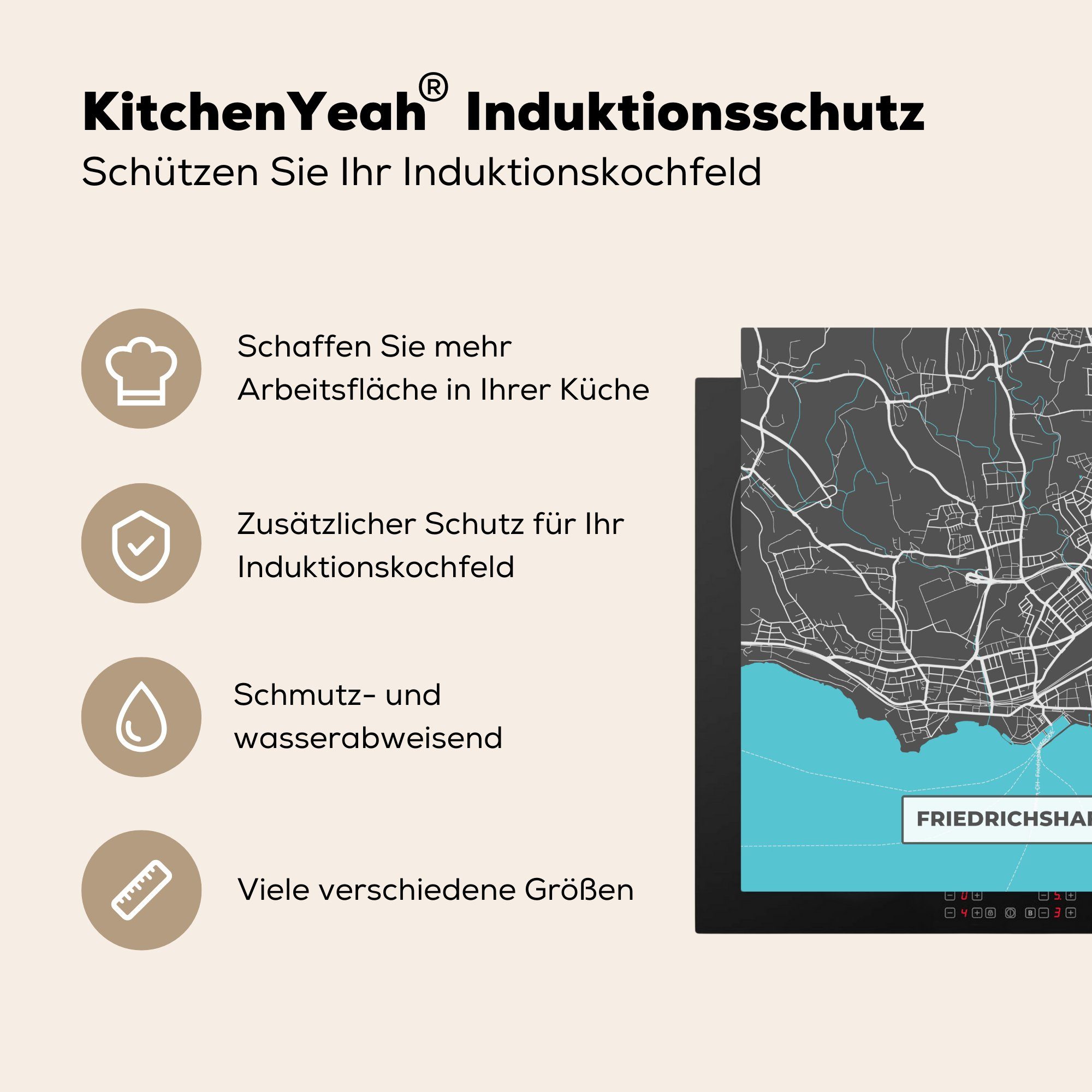 Herdblende-/Abdeckplatte Karte, Arbeitsplatte für Deutschland - (1 Friedrichshafen tlg), Blau Stadtplan 78x78 - MuchoWow cm, Vinyl, - küche Ceranfeldabdeckung, -