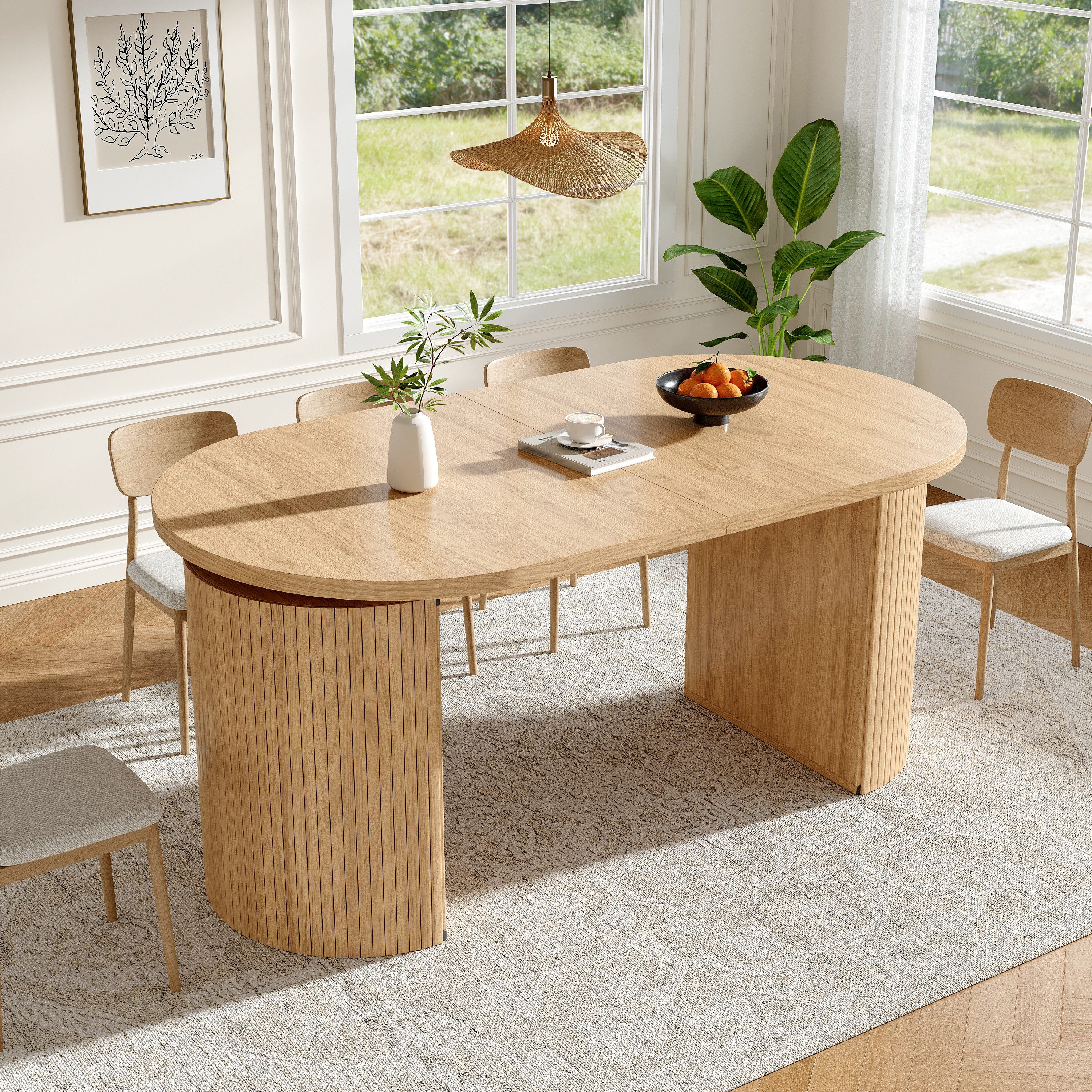 Flieks Esstisch ovaler Küchentisch mit ausziehbarer Tischplatten in Holzoptik (Länge 120-160/T80/H76 cm, 1-St., 1 Tisch), erweiterbarer Esszimmertisch mit versteckter Stauraum Bürotisch Natur