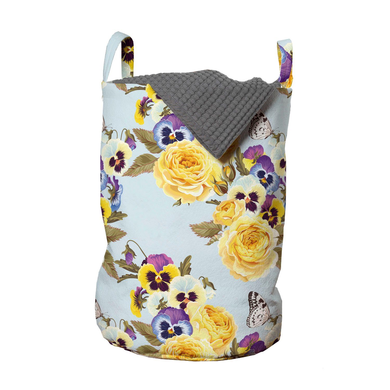 Abakuhaus Wäschesäckchen Wäschekorb mit Griffen Kordelzugverschluss für Waschsalons, Stiefmütterchen Detaillierte Rosen Schmetterlinge