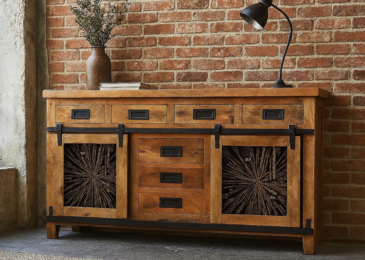 Main Möbel Sideboard Sideboard 200x90cm 'Steelwood' Mango & Eisen (Massivholz Industrial, Kommode Anrichte Mango gewachst mit Applikationen in Eisen schwarz), Breite 150cm Höhe 90cm