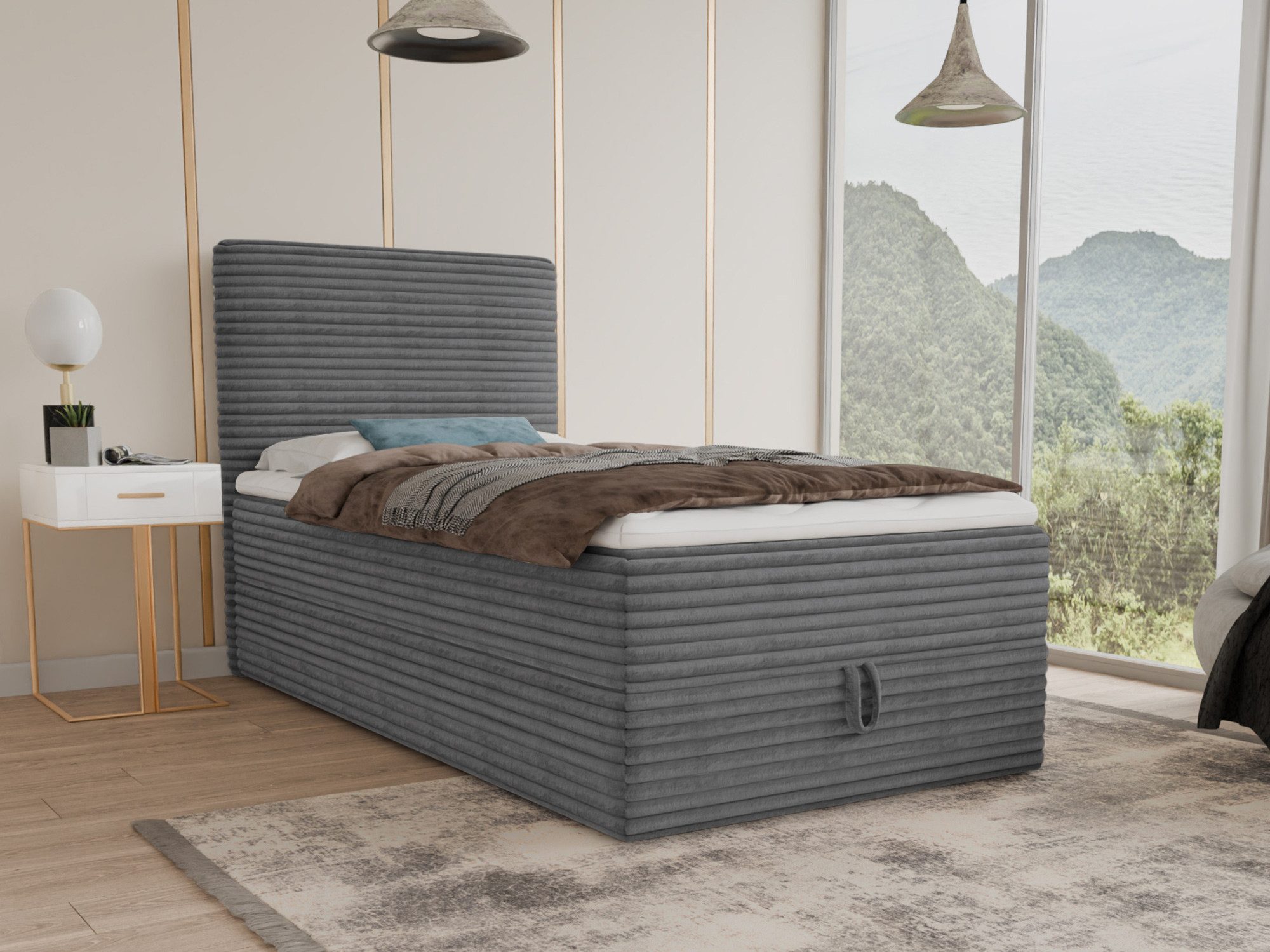 Sofnet Boxbett Mollo Mini (großer Bettkasten, Bonell-Matratze und Topper), Einzelbett, Polsterbett mit Kopfteil, Boxspringbett, Cordstoff