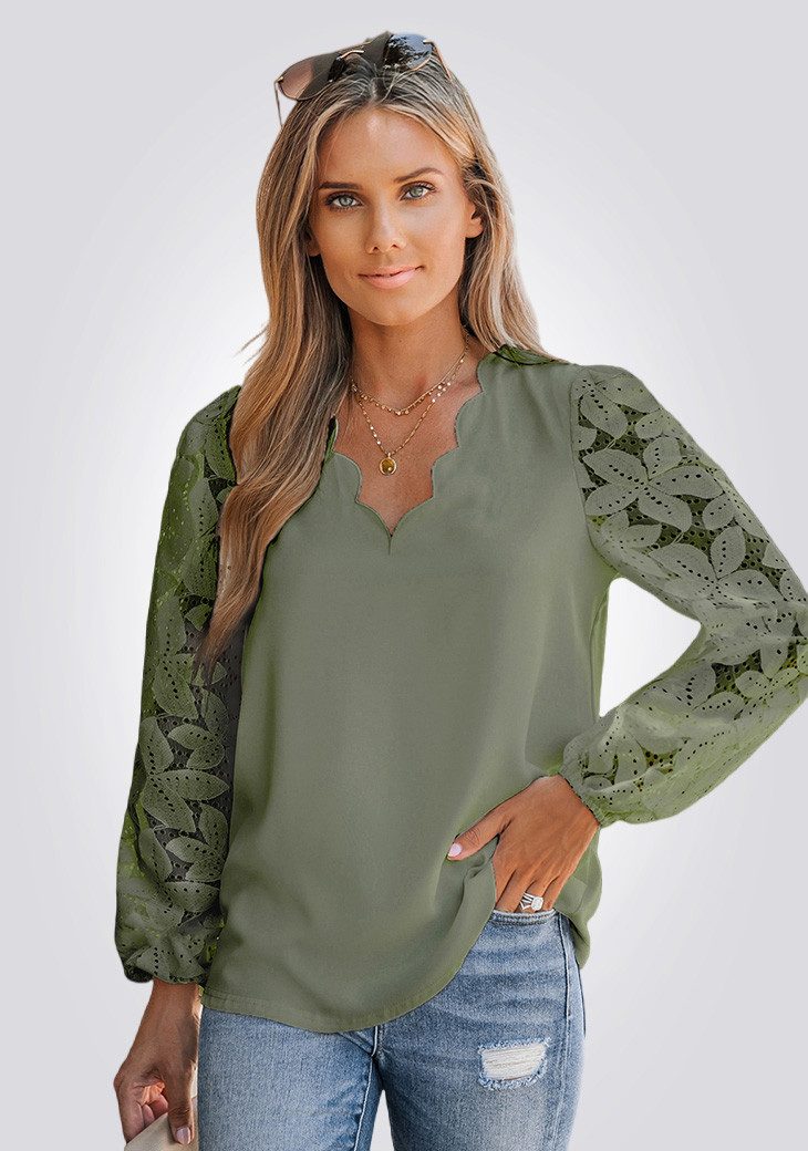 Cupshe Spitzenbluse Bluse mit Spitze und Wellenschliff Kontrastierende florale Spitze