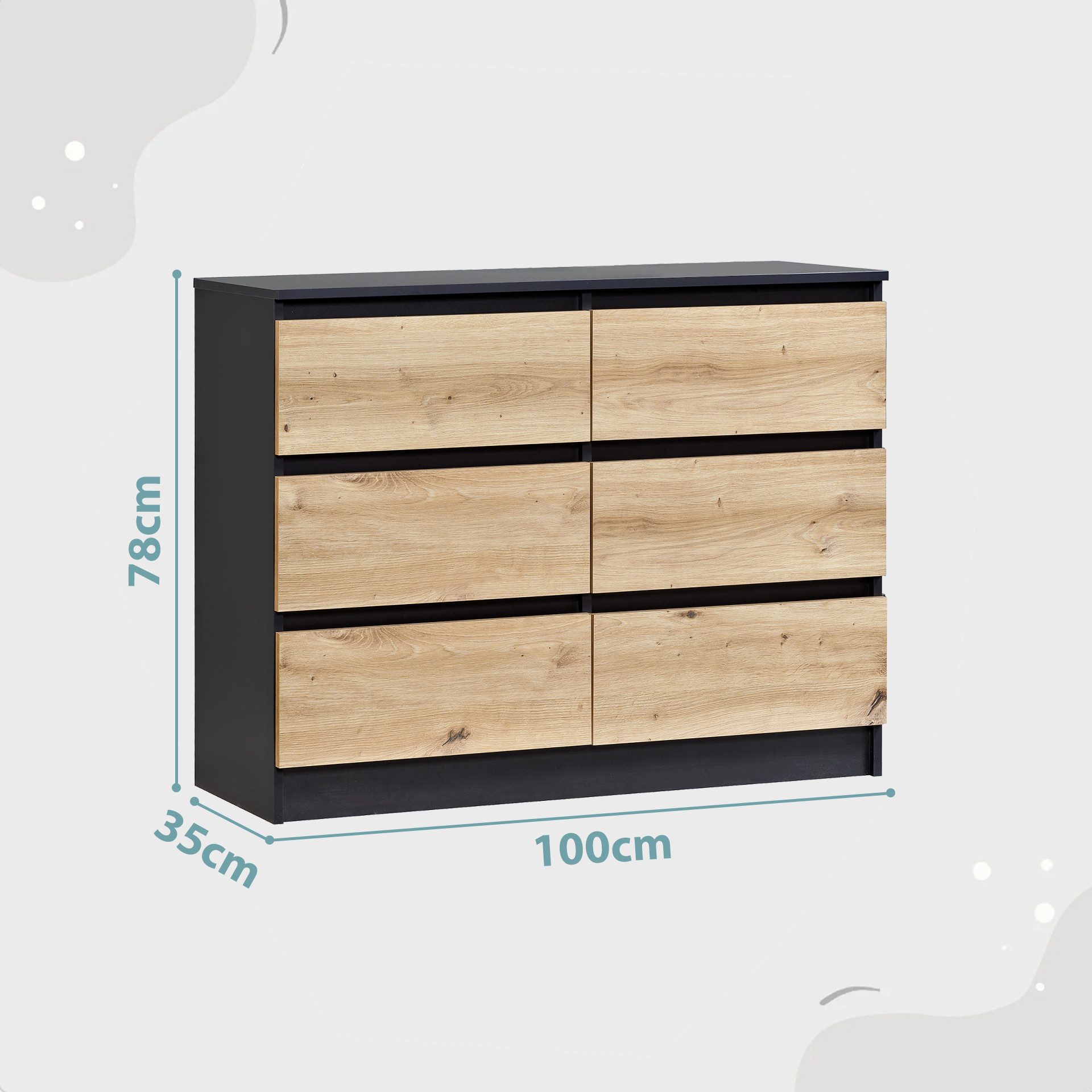 Home Collective Kommode mit 6 Schublade 100, 120, 140 cm breit Holz Schrank (Highboard Anrichte Schlafzimmer Wohnzimmer Flur Büro Organizer), Kommode 100 cm breit Kommode Sideboard, Anthrazit Artisan-Eiche