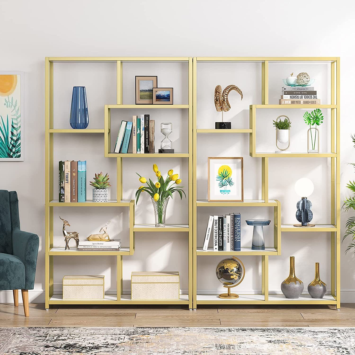 Tribesigns Vitrine 180 cm hohes Bücherregal, modernes Golden weißes Eck-Bücherregal