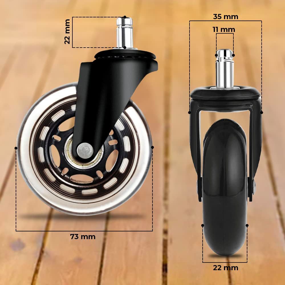addhome Schwerlastrolle 5er Set Bürostuhlrollen 11x22mm Leise Hartbodenrollen 73mm Ø & 35mm, Premium Ersatzrollen für Parkett & Teppich Gaming- & Bürostuhl Set – Bild 5 von 5