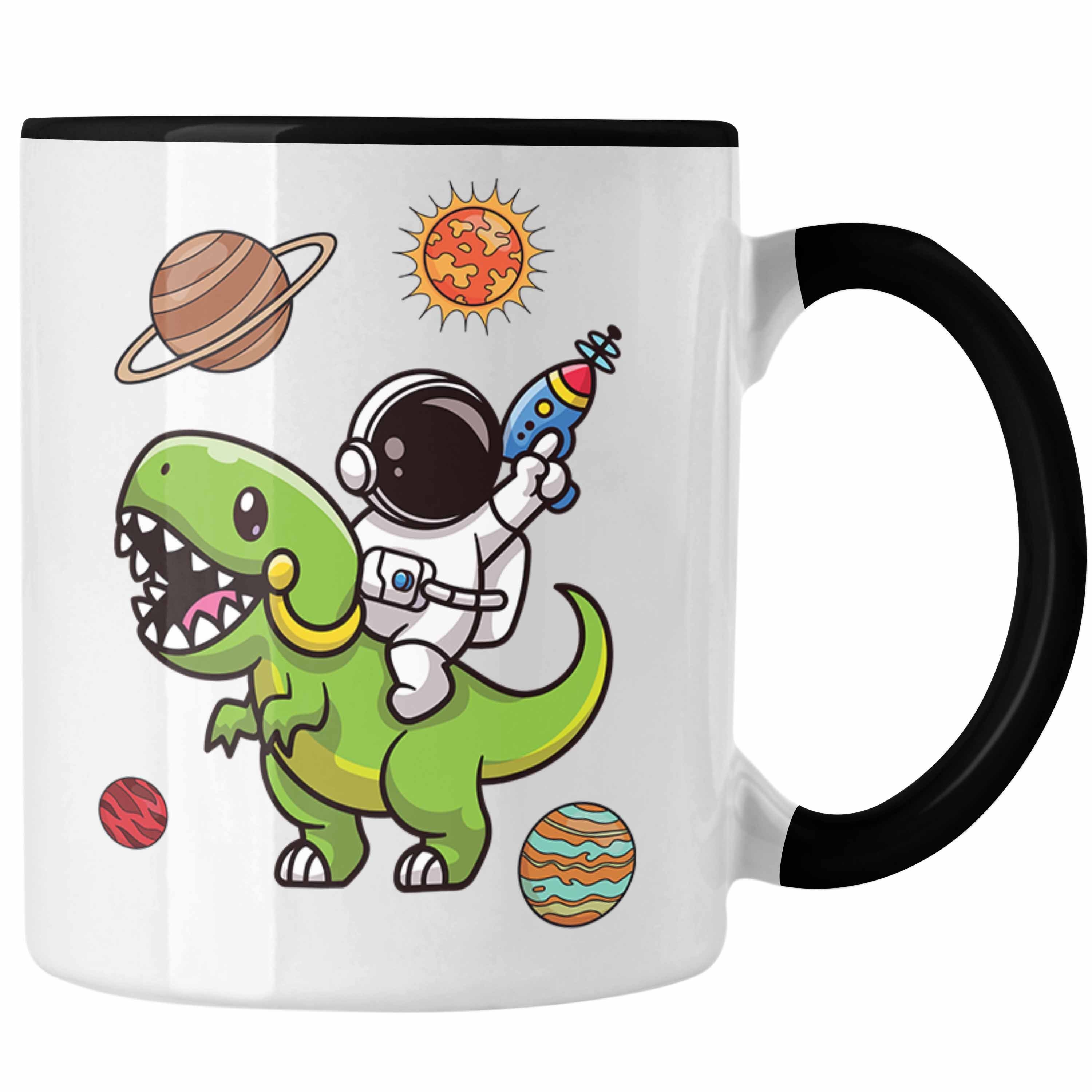Trendation Tasse Dinosaurier T-Rex Astronaut Weltall Tasse Grafik Geschenk Lustig Schwarz