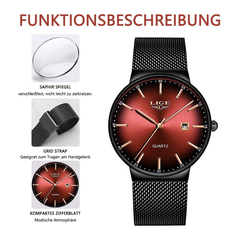 GelldG Uhr Dünne wasserdichte Mode Quarz Grün Mesh Armbanduhr Minimalistisch analoge