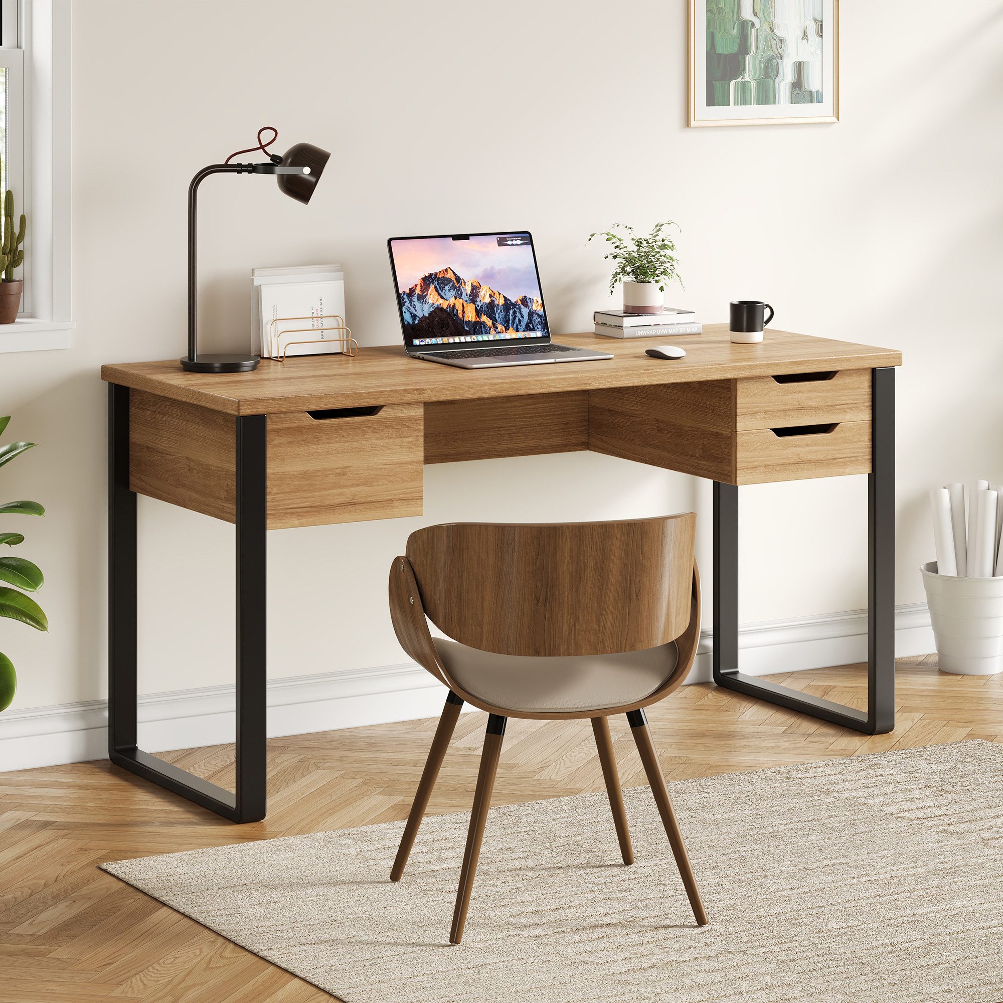 Merax Schreibtisch 130x55x76cm, Minimalistischer Bürotisch (1-St., Mit 3 Schubladen), Stahl Holz Schreibtisch Mit Metallrahmen, Computertisch