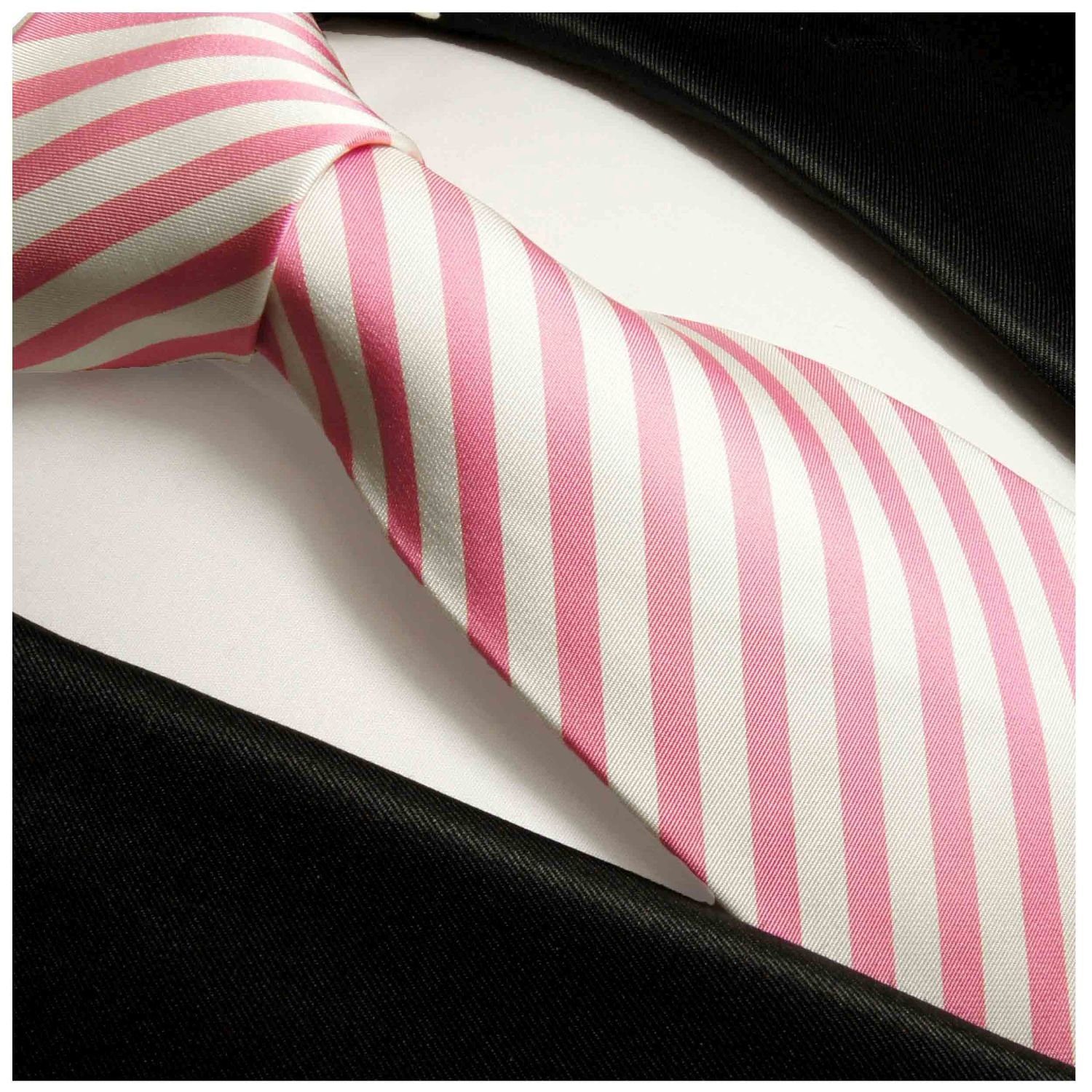 (Set, Seidenkrawatte Tuch Breit 100% Krawatte gestreift (8cm), Paul mit Seide Krawatte weiß pink Herren Malone 127 Einstecktuch) 2-St., mit modern