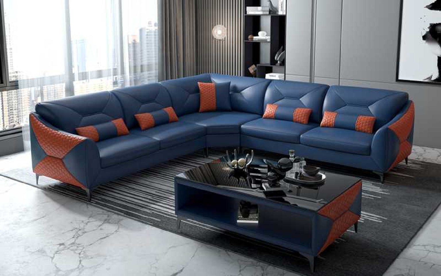 Sofas, Ecksofa Europe 3 Blau Made Sofa in Kunstleder Teile, L Form Designersofa Modern Ecksofa JVmoebel