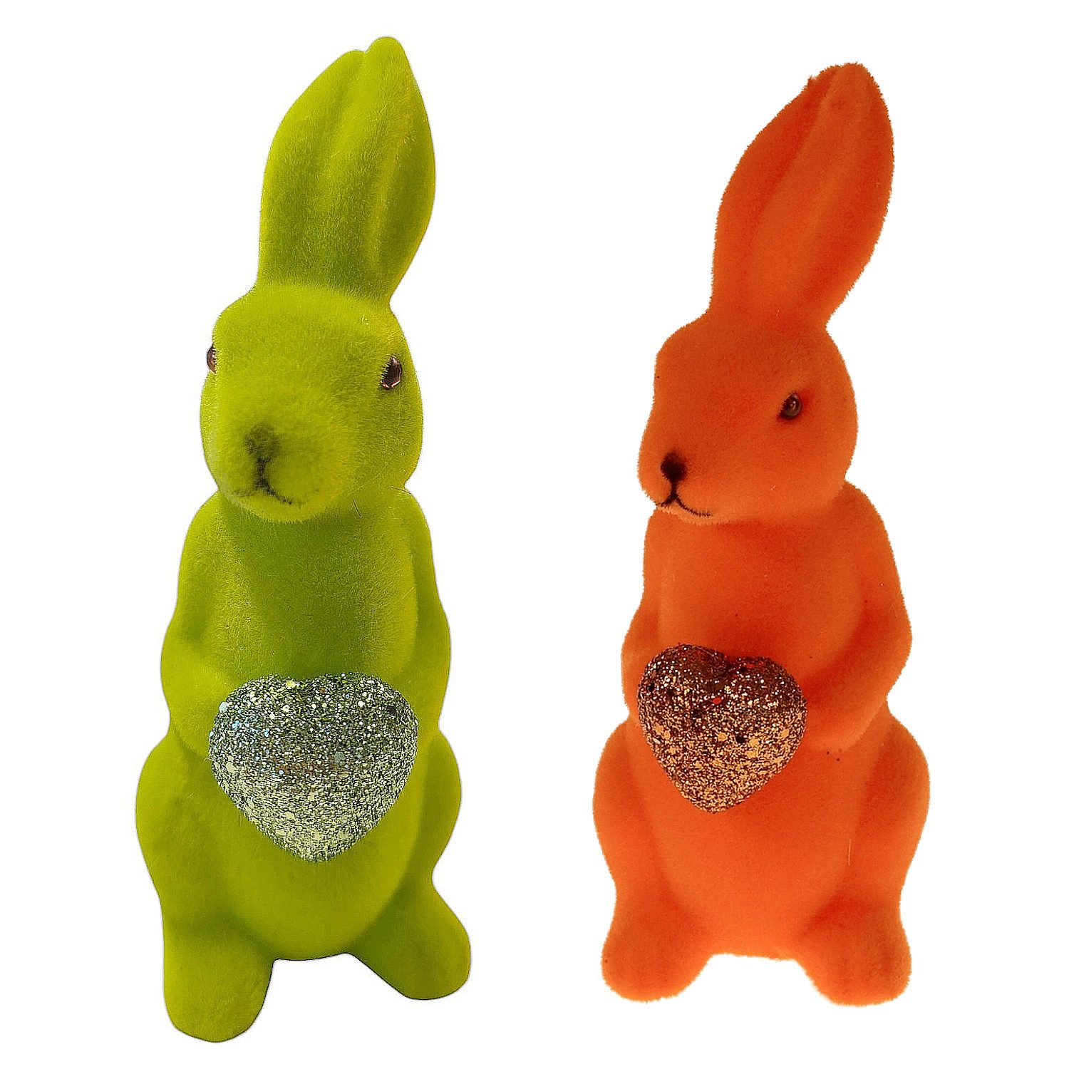 Macosa Home Osterhase 2er Set beflockt Lila, Magenta, Orange od. Grün 13 cm Kunststoff (Glitzerherz, Figur Dekohase Dekofigur Ostern Dekoration Tischdeko), Dekohase Glitzer Herz Hase Skulptur Oster-Deko Osterdekoration