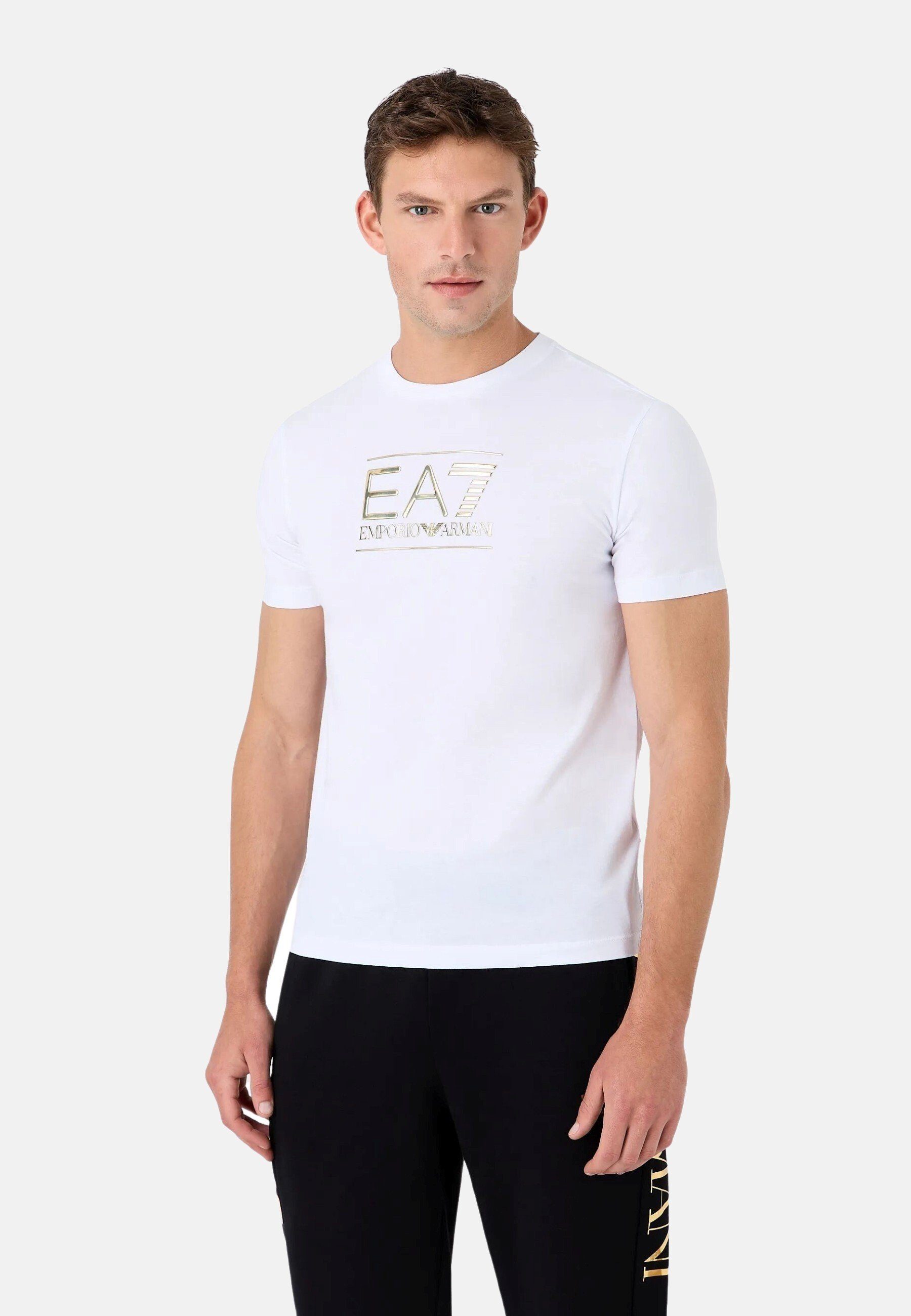 T-Shirt (1-tlg) Emporio mit Label Tee Gold Armani Shirt weiss Rundhalsausschnitt