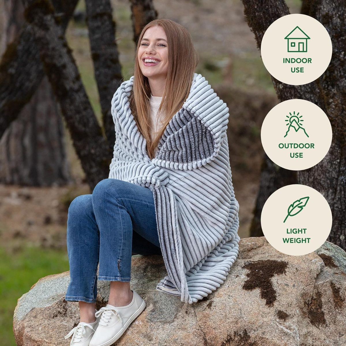 Wohndecke Fleece 150x200 cm Grau gestreift, GREEN ORANGE