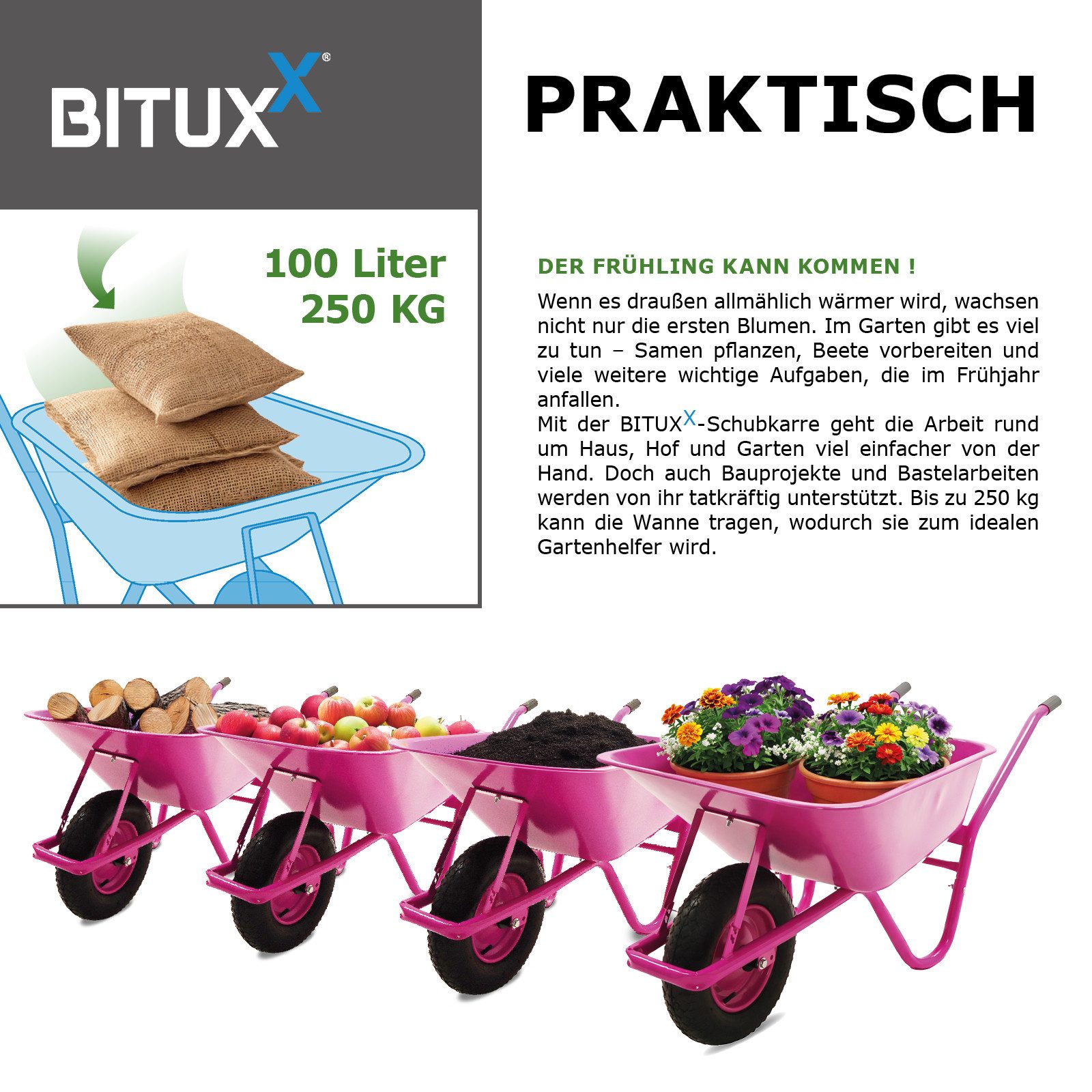 Bituxx Schubkarre 100 Liter 250 kg Pink, (MS-20004), 100 Liter Volumen, 250 kg, Stahlrahmen, Pulverberschichtet – Bild 5 von 5