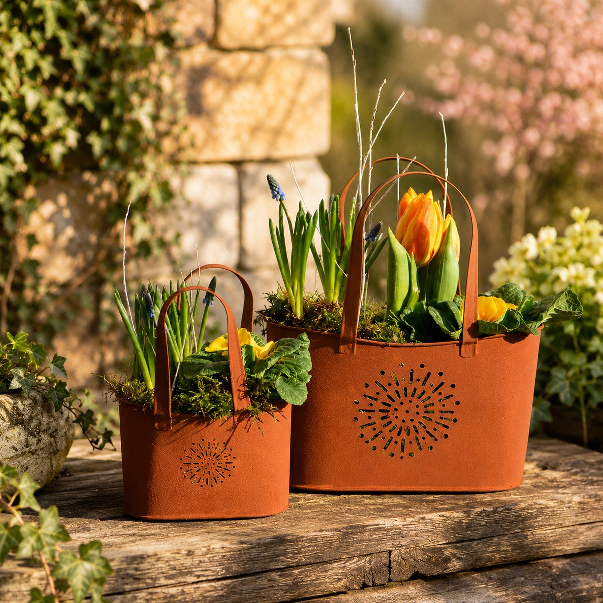 UNUS GARDEN Blumentopf draußen Handtasche Metall dekorative Rostdeko (2 St., 2er Set im Rostdesign), Gartendeko robust, Pflanztopf outdoor