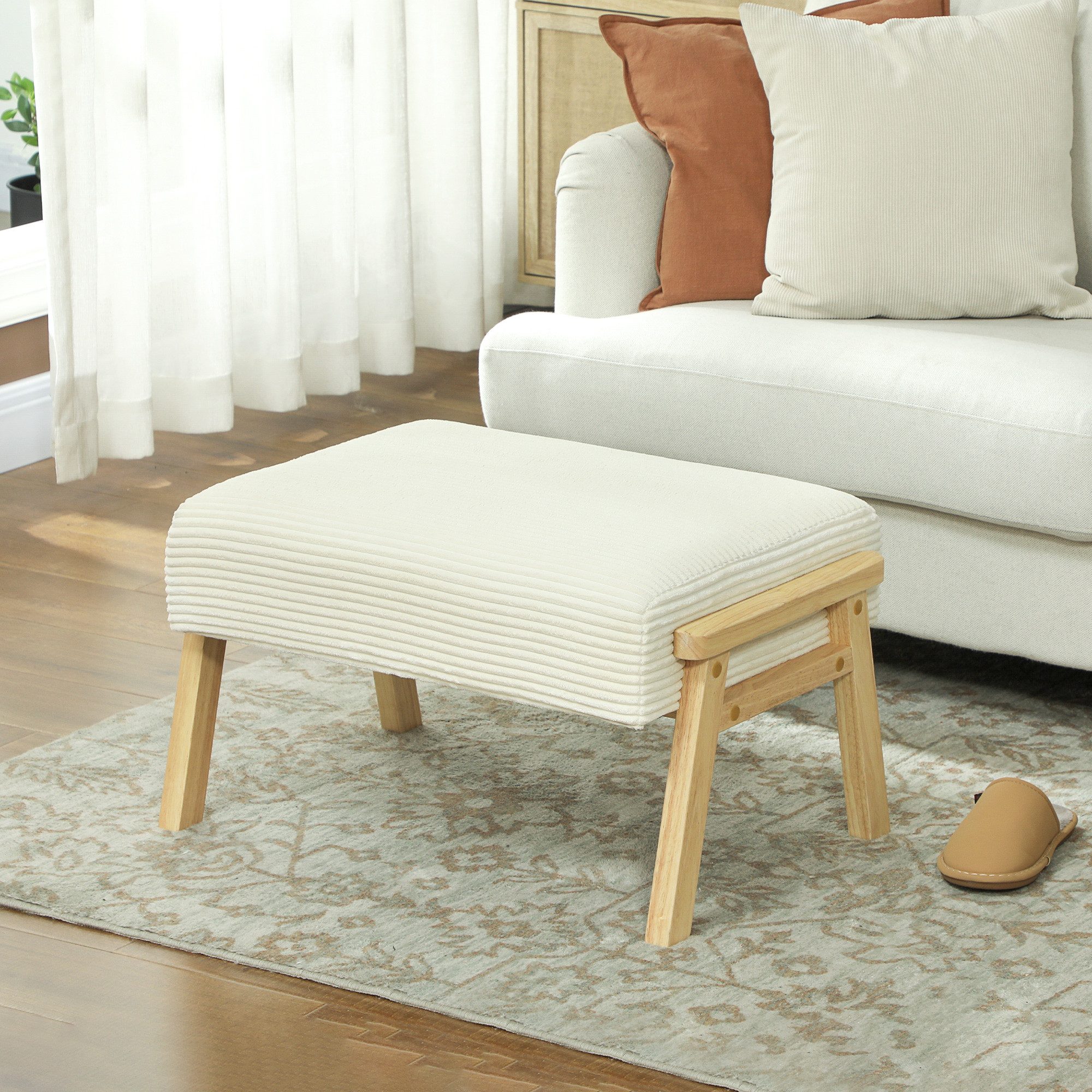 HOMCOM Fußhocker Hocker mit weichem Sitzkissen Holzbeinen mit Cordoptik Ottoman (Polsterhocker, 1 St., Sitzhocker), für Schlafzimmer, Wohnzimmer, Cremeweiß
