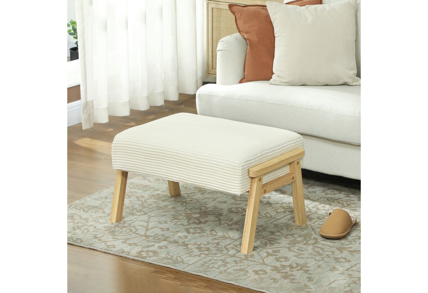 HOMCOM Fußhocker Hocker mit weichem Sitzkissen Holzbeinen mit Cordoptik Ottoman (Polsterhocker, 1 St., Sitzhocker), für Schlafzimmer, Wohnzimmer, Cremeweiß
