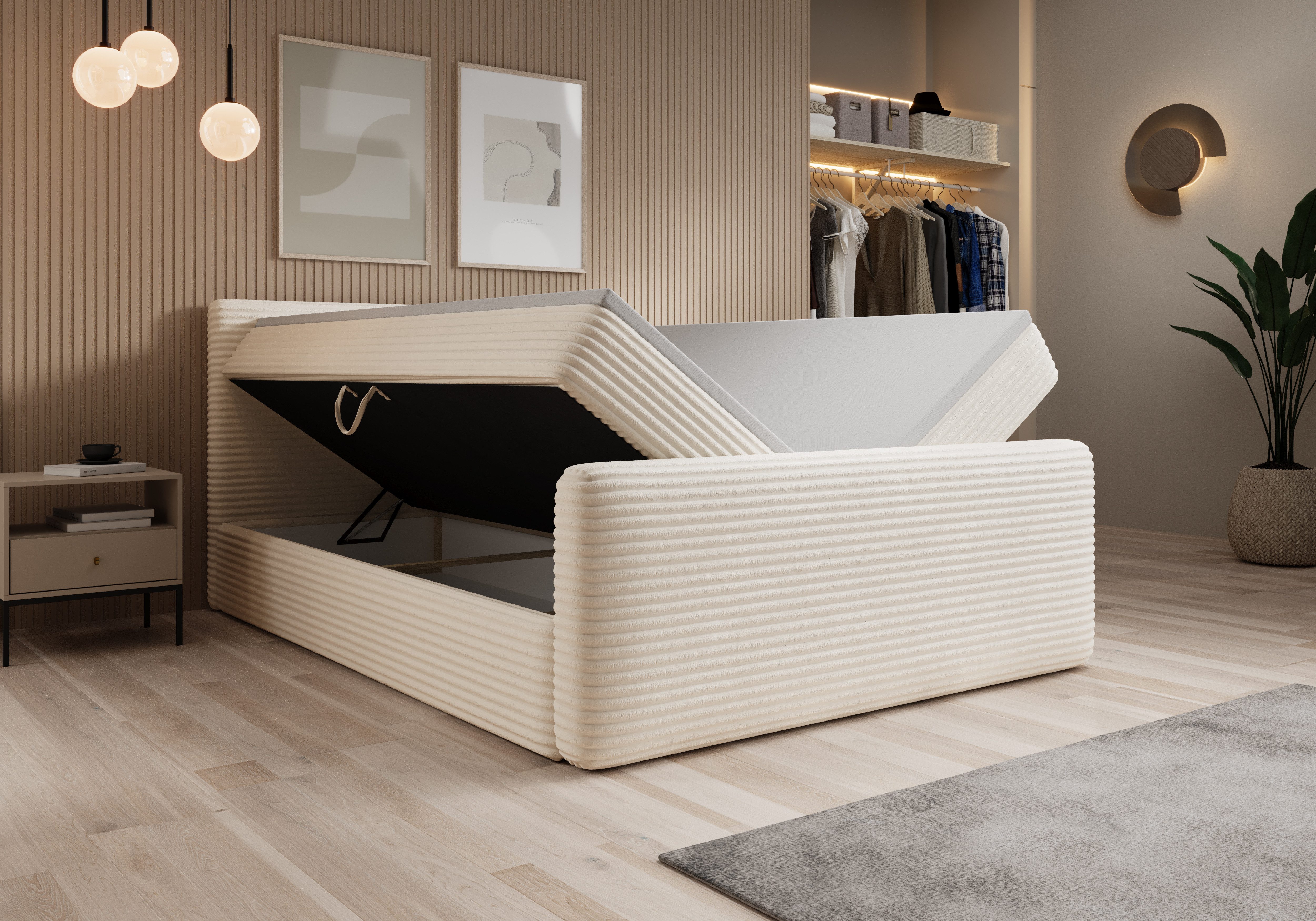 thematys Boxspringbett Cord mit Bettkasten 140x200–200x200 cm – Luxus Boxbett (Polsterbett Bonnellfederkern Matratze H3 + Gratis 3cm Topper, Doppelbett mit Stauraum)