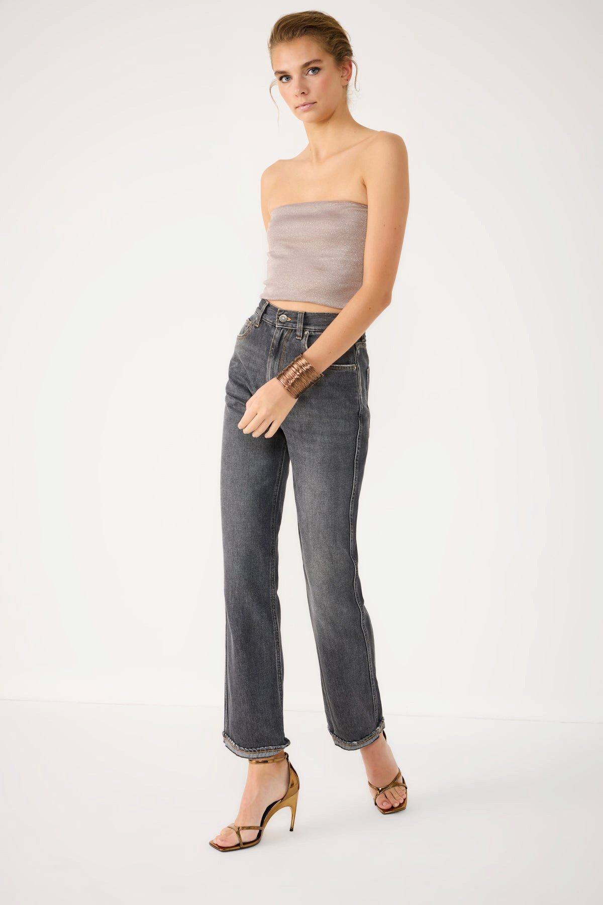 Blusentop Glänzendes, trägerloses Crop-Top aus Stoff