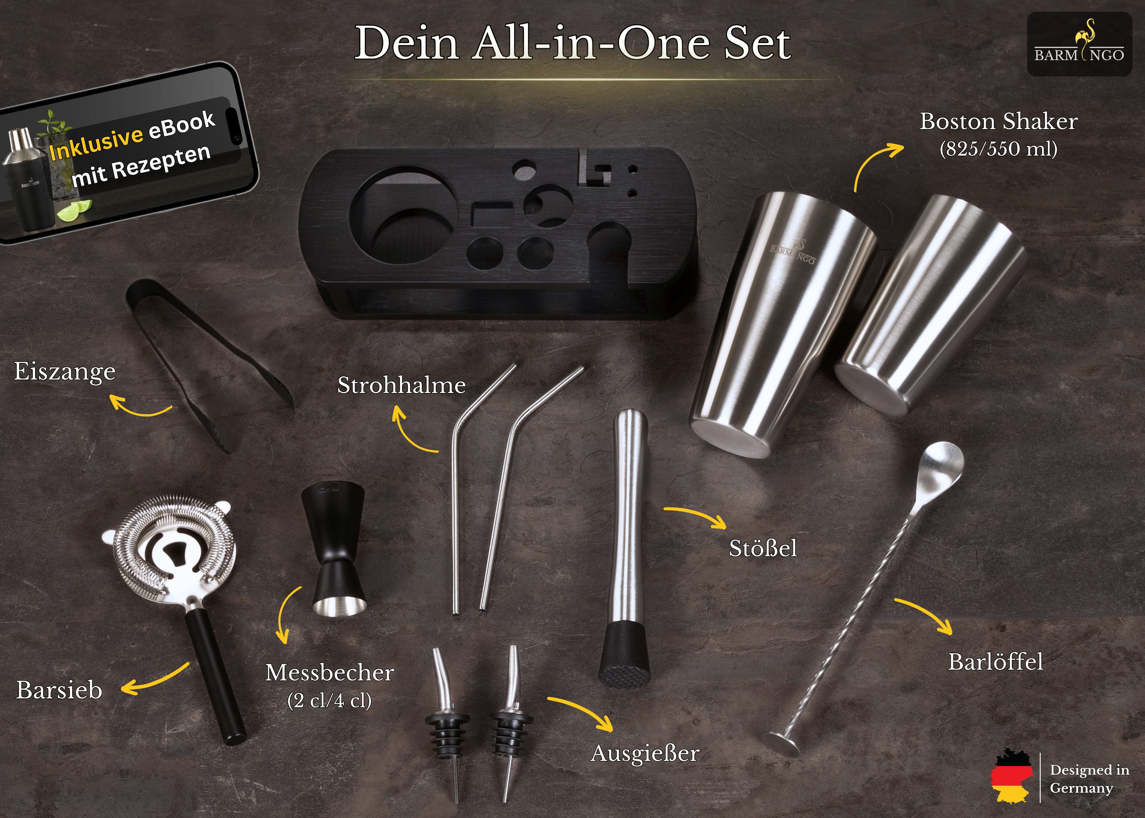 BARMINGO Cocktail-Set Edelstahl Boston Cocktail Shaker Set (825 ml) mit Bar Zubehör, (Cocktailshaker Set, 11-tlg., Für Profis und Anfänger), Cocktail Zubehör mit hochwertigem Bambusständer