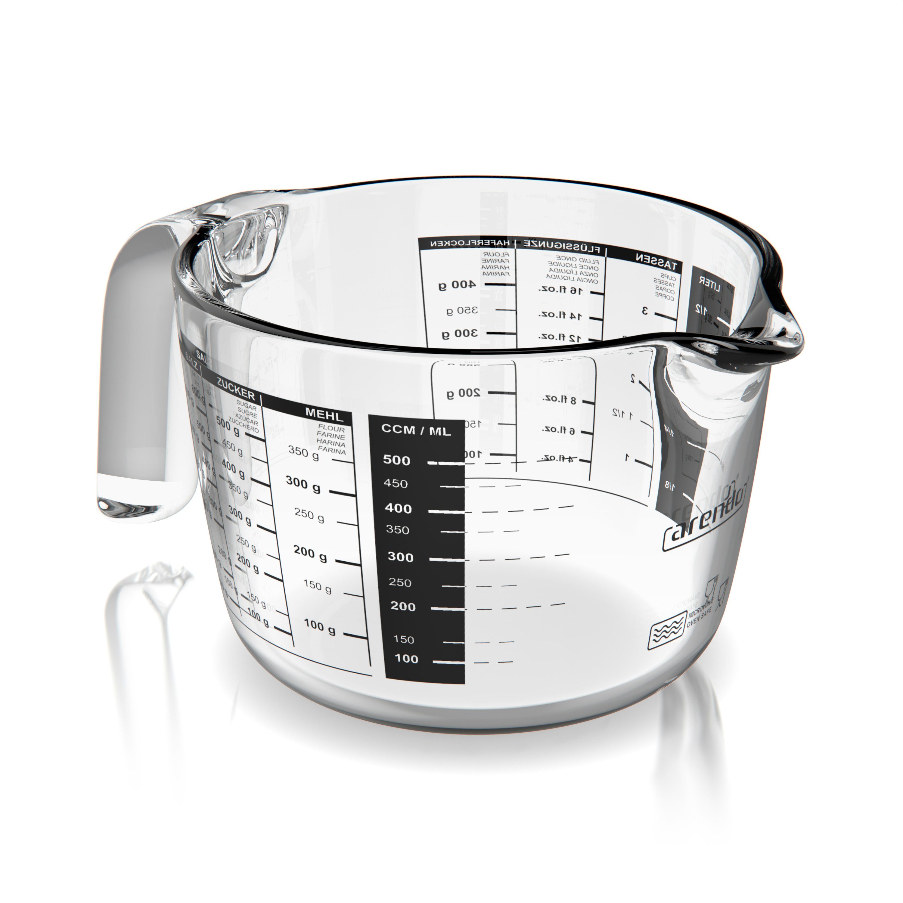 Arendo Мерные стаканы 500 ml Glas Messkrug, Borosilikatglas, Mikrowellengeeignet, Glas, (1-St), 0,5l, präzise Skala, hitzebeständig, mikrowellengeeignet, Küchenhelfer