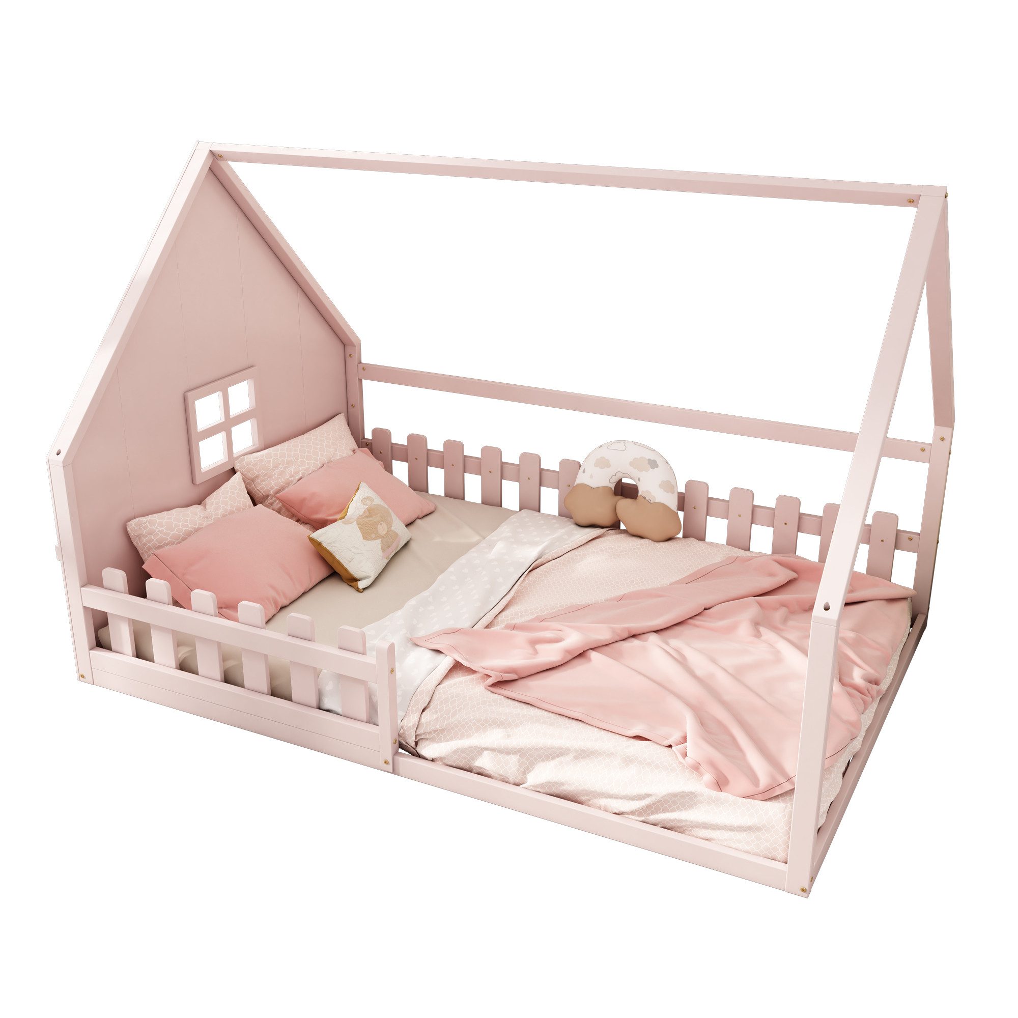 Flieks Massivholzbett, Kinderbett Hausbett Doppelbett 140x200cm mit Lattenrost und Zaun