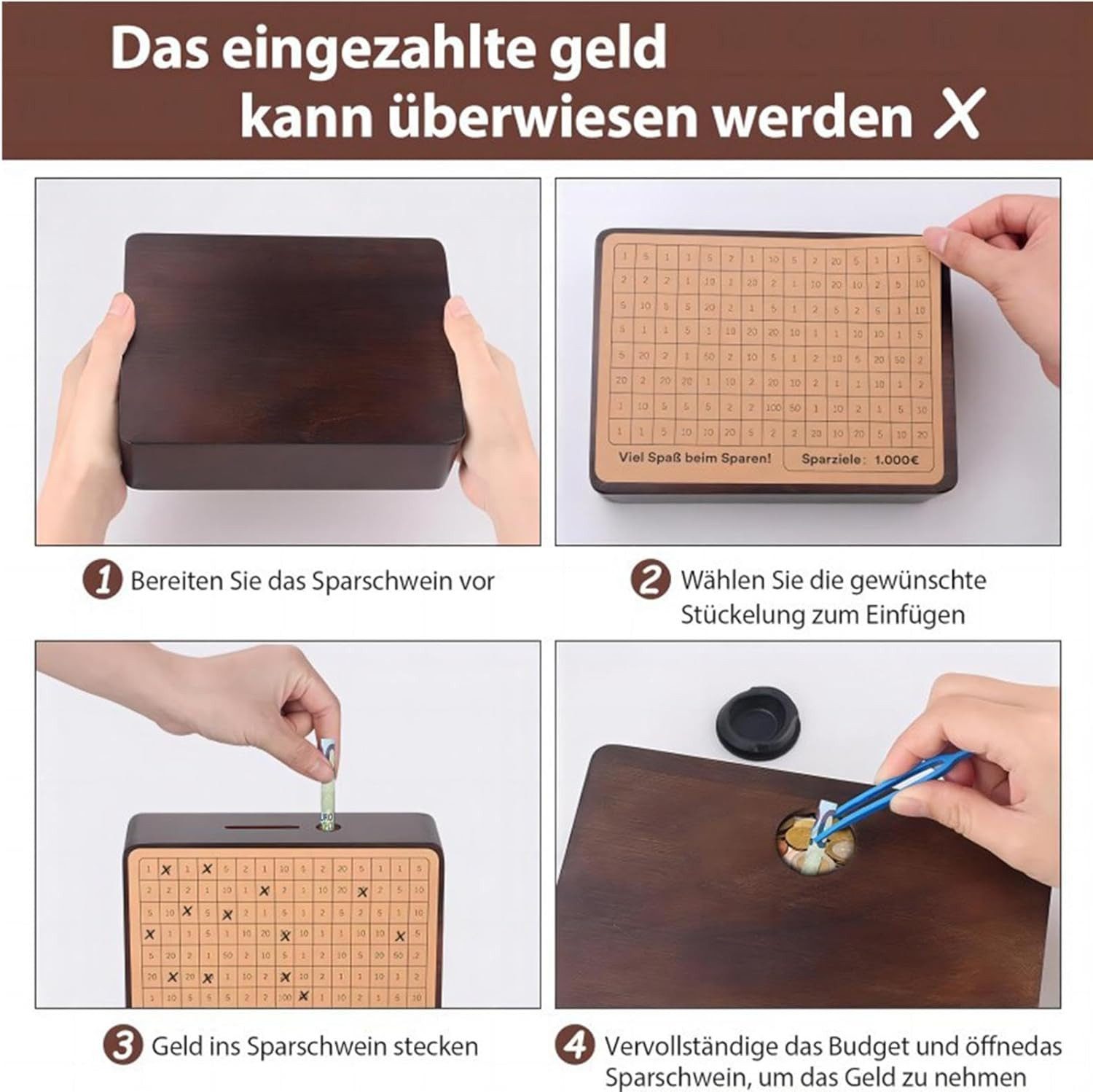 Refttenw Spardose Spardose aus Holz Geldbank mit 8 Aufkleber 4 Farbige Stifte, Sparschwein mit Sparziel, Wiederverwendbare