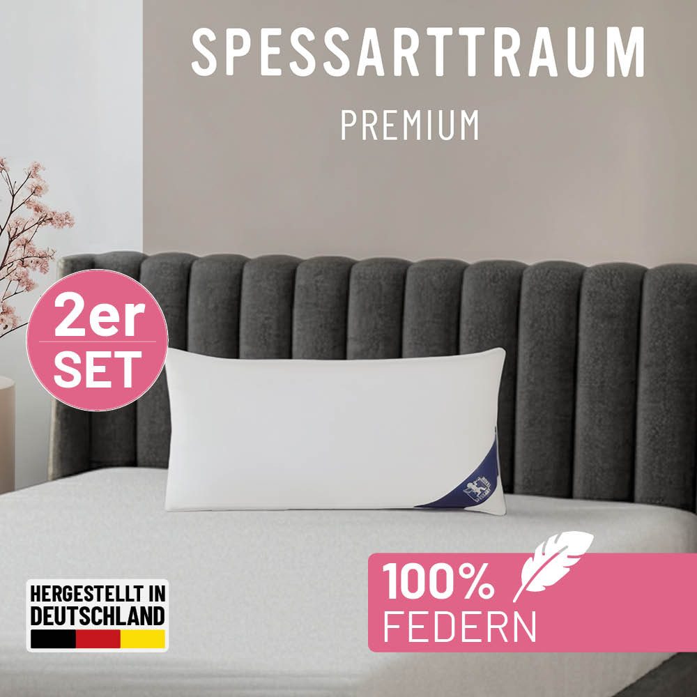 SPESSARTTRAUM Gänsefederkopfkissen Premium, Kopfkissen 2-tlg. 40x80 oder 80x80 cm, Füllung: 100% Gänsefedern, Klasse 1, Downpass zertifiziert, Bezug: 100% Baumwolle, Made in Green, Hausstauballergiker geeignet, Seitenschläfer & Rückenschläfer, Hergestellt in Deutschland