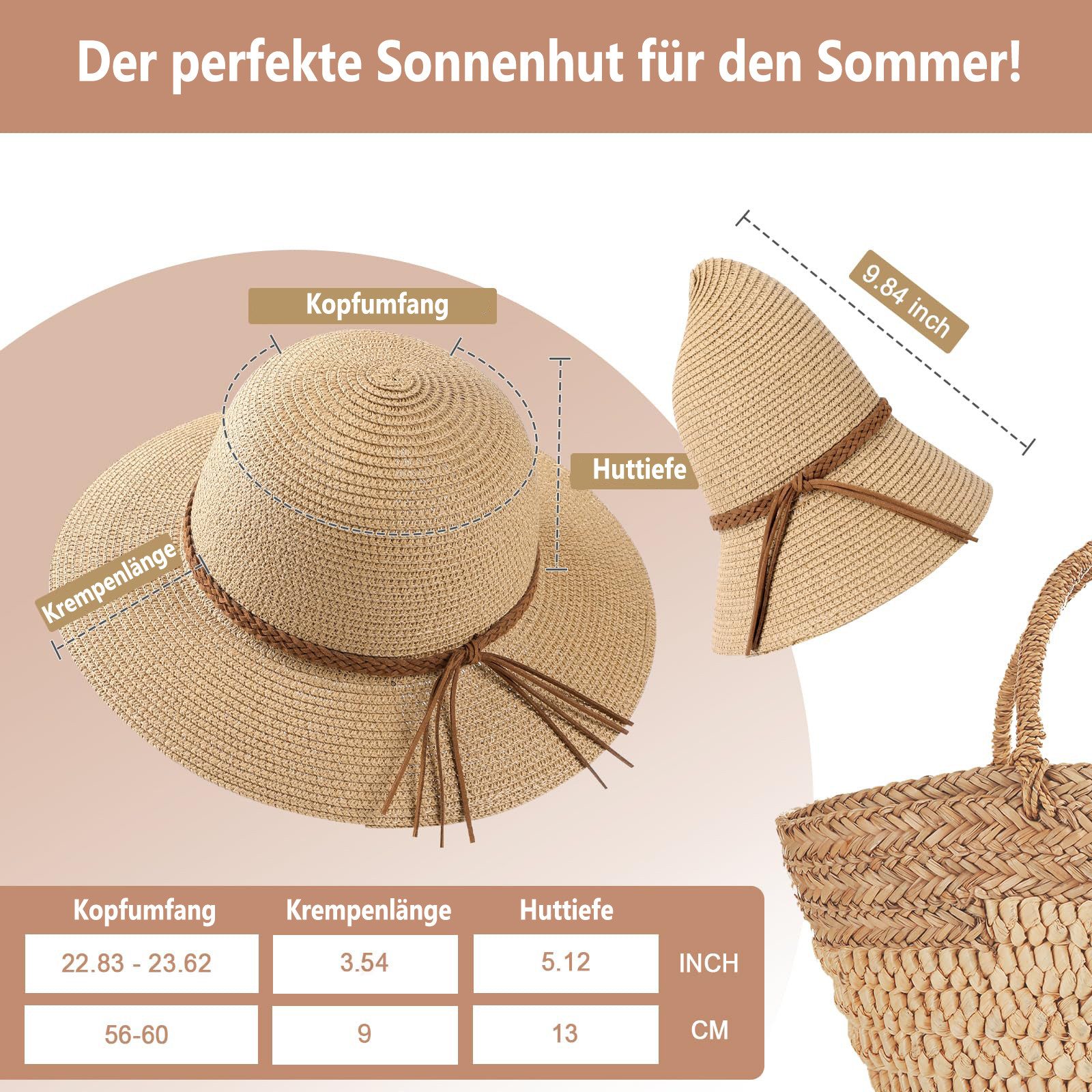nsihing Sonnenhut Damen-Strohhut für den Strand, breitkrempiger Sommerhut für Damen faltbarer Damen-Sonnenhut mit UV-Schutz – Bild 5 von 5