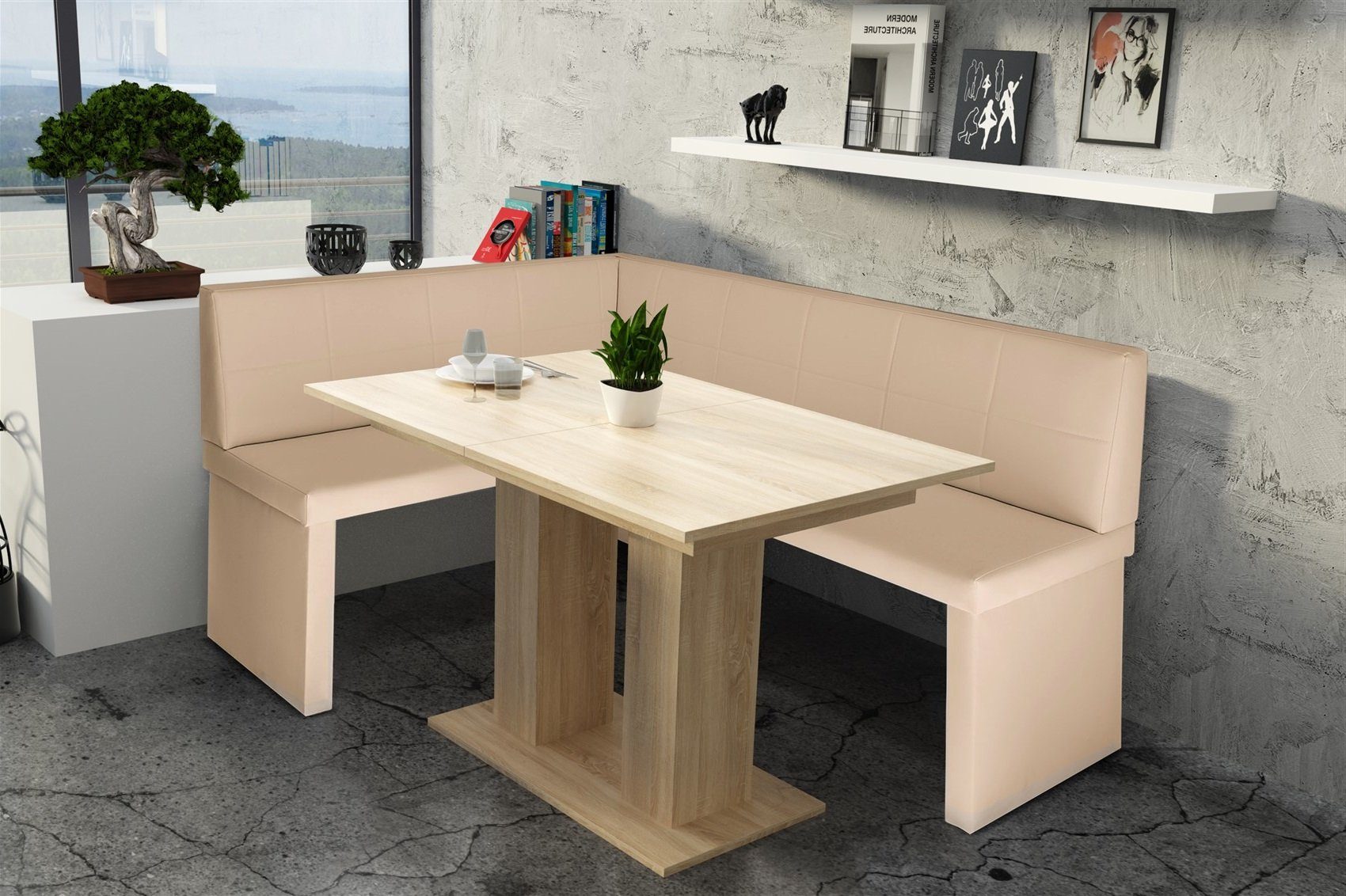 Möbel ausziehbarer Fun Kunstleder Eckbankgruppe Eckbankgruppe 196x142cm Sonoma Creme Tisch Robin in XL mit Tisch Eiche,
