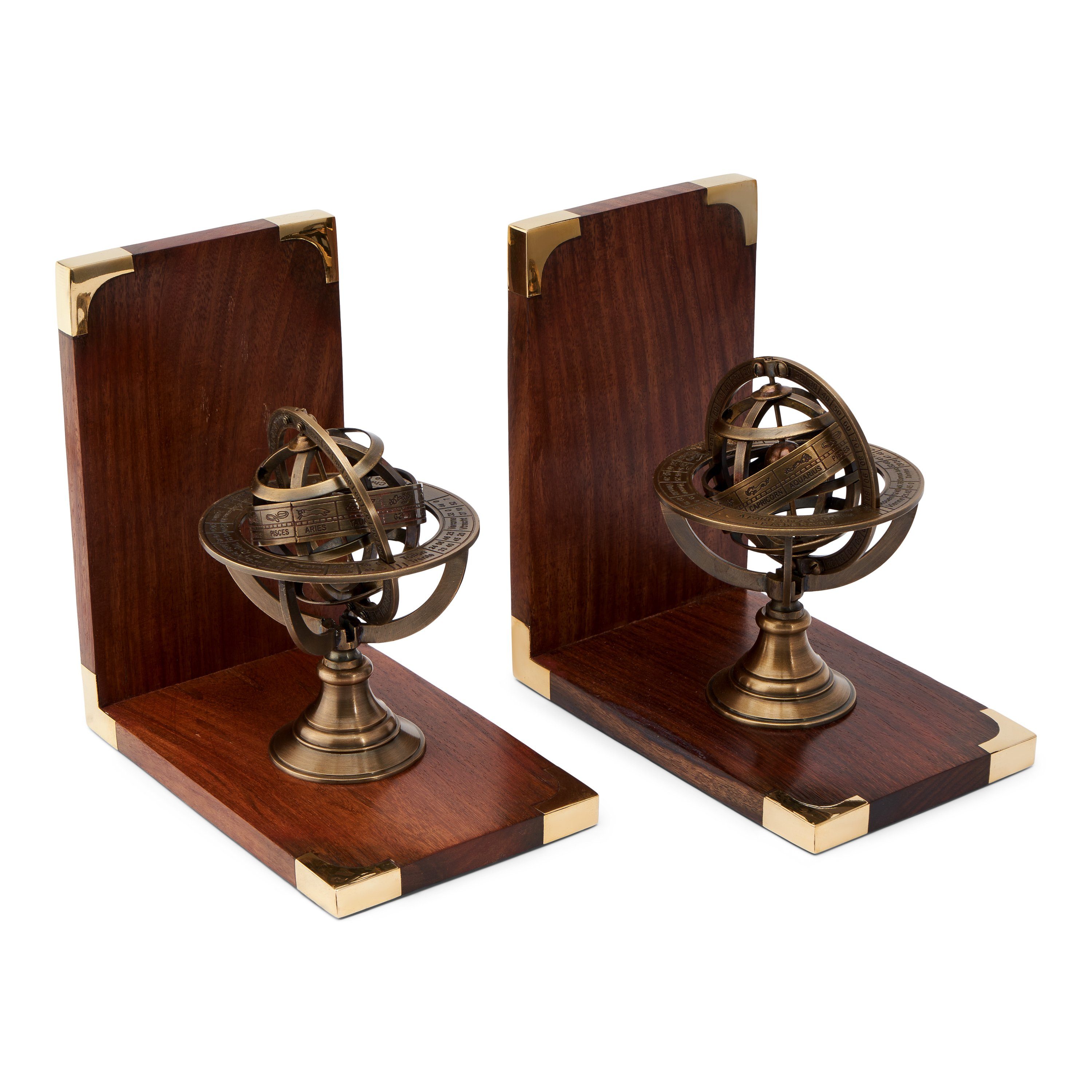 Buchstütze 1 Paar Maritim Buchstützen Armillarsphäre aus Holz und Messing 16x17x1