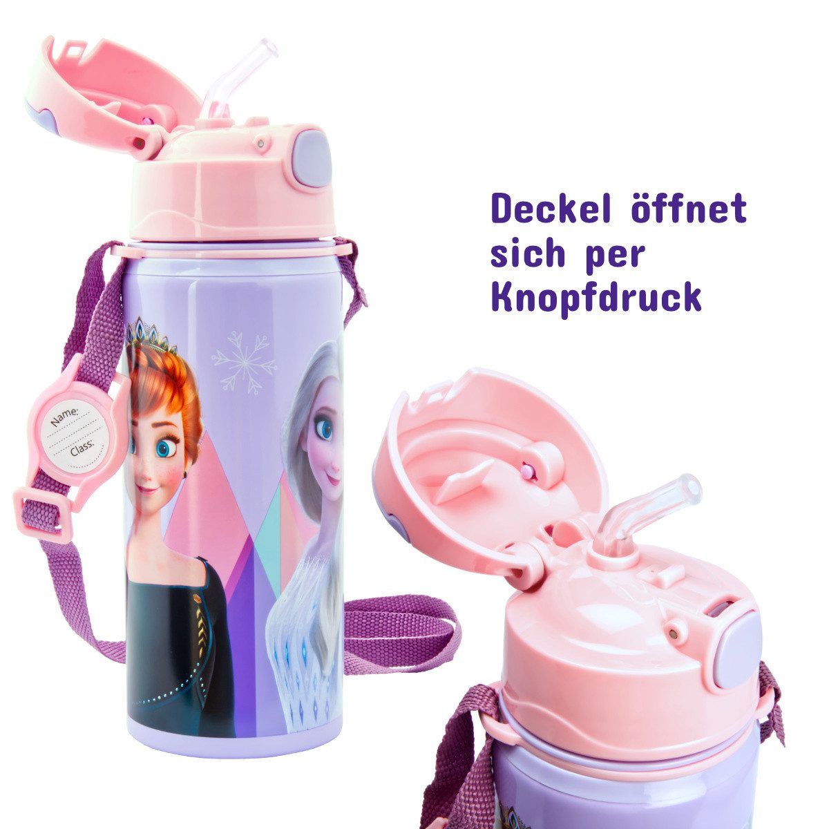 miniHeld Trinkflasche Kinder Trinkflasche Frozen 500ml Aluminium Flasche Tragegurt Elsa Anna