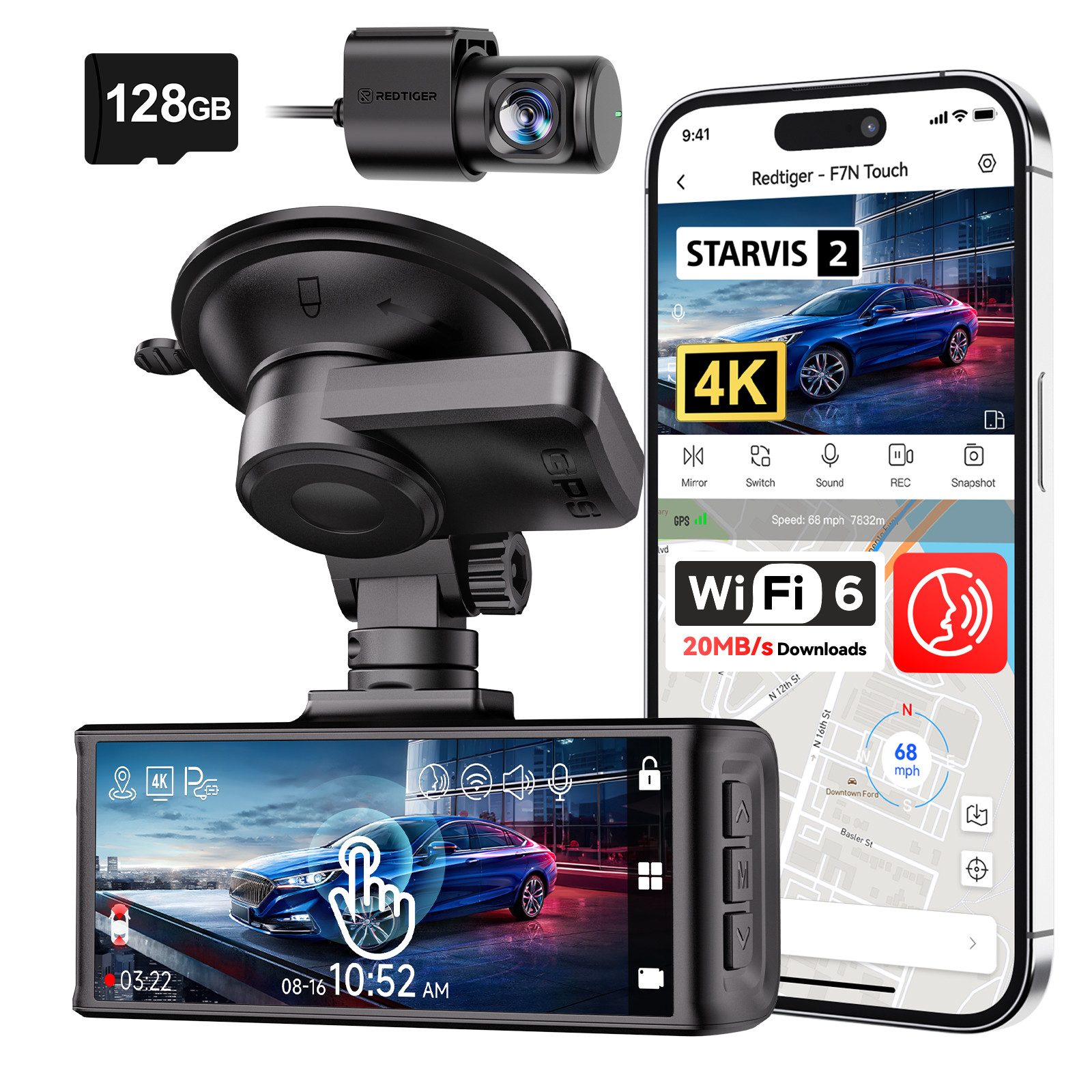 REDTIGER mit SONY Starvis-Sensor und das f/1.5-Blendensystem Dashcam (WLAN (Wi-Fi), 24-Stunden Überwachung, integriertes WLAN und GPS-Ortung)