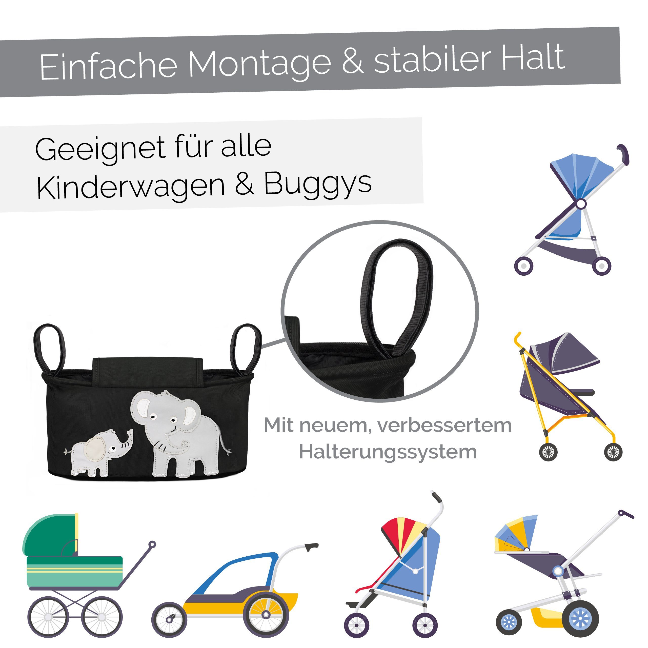 GLÜCKSWOLKE Kinderwagen-Tasche in Grau oder Schwarz I 6 Motive I Kinderwagentasche & Buggy Organizer, Kinderwagen Tasche mit Getränkehalter und Feuchttücherfach