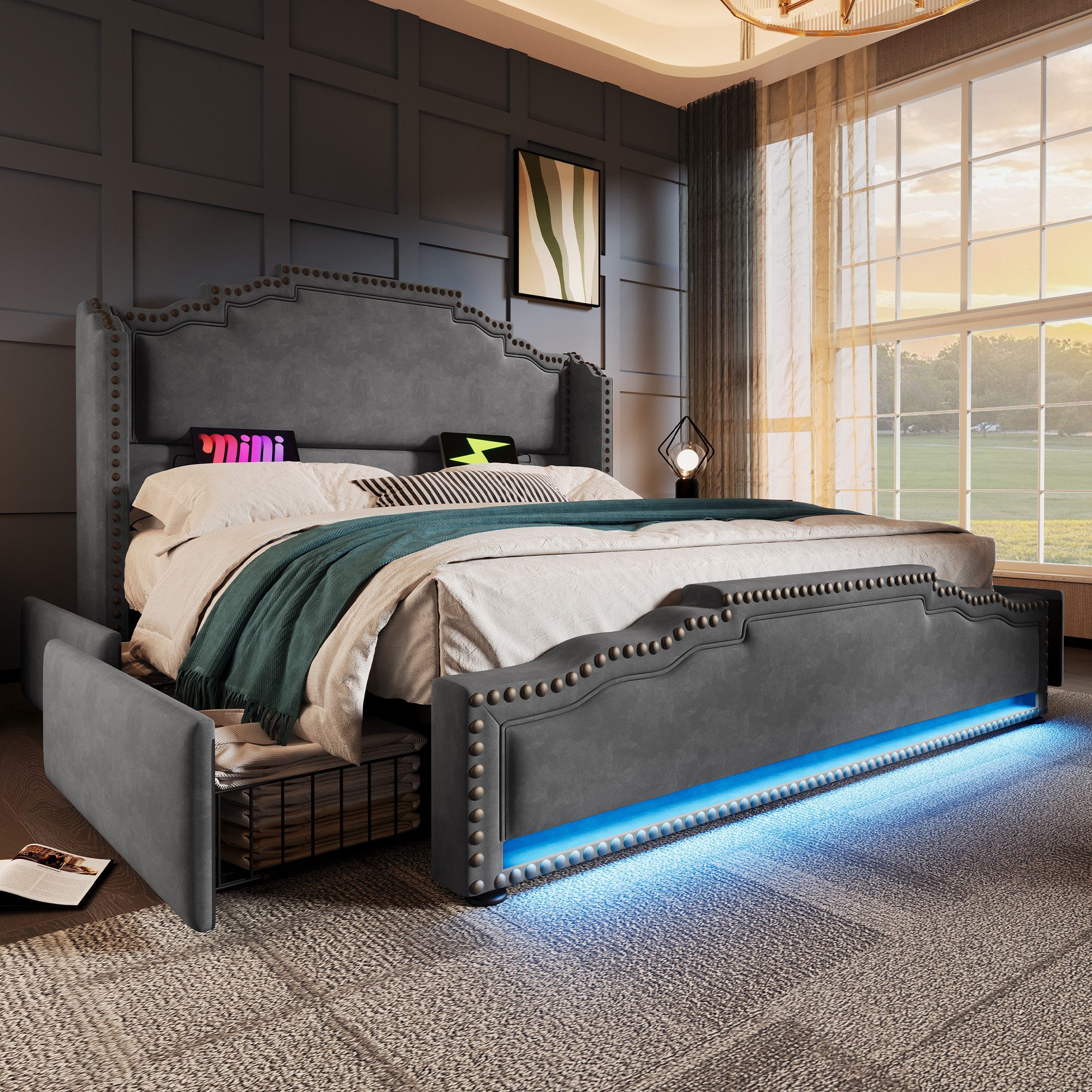 Celya Polsterbett Doppelbett mit 4 Schubladen, LED-Beleuchtung und USB-C-Ladeanschluss (Samt, ohne Matratze), 160×200cm, Stauraumbett und Jugendbett mit Lattenrost