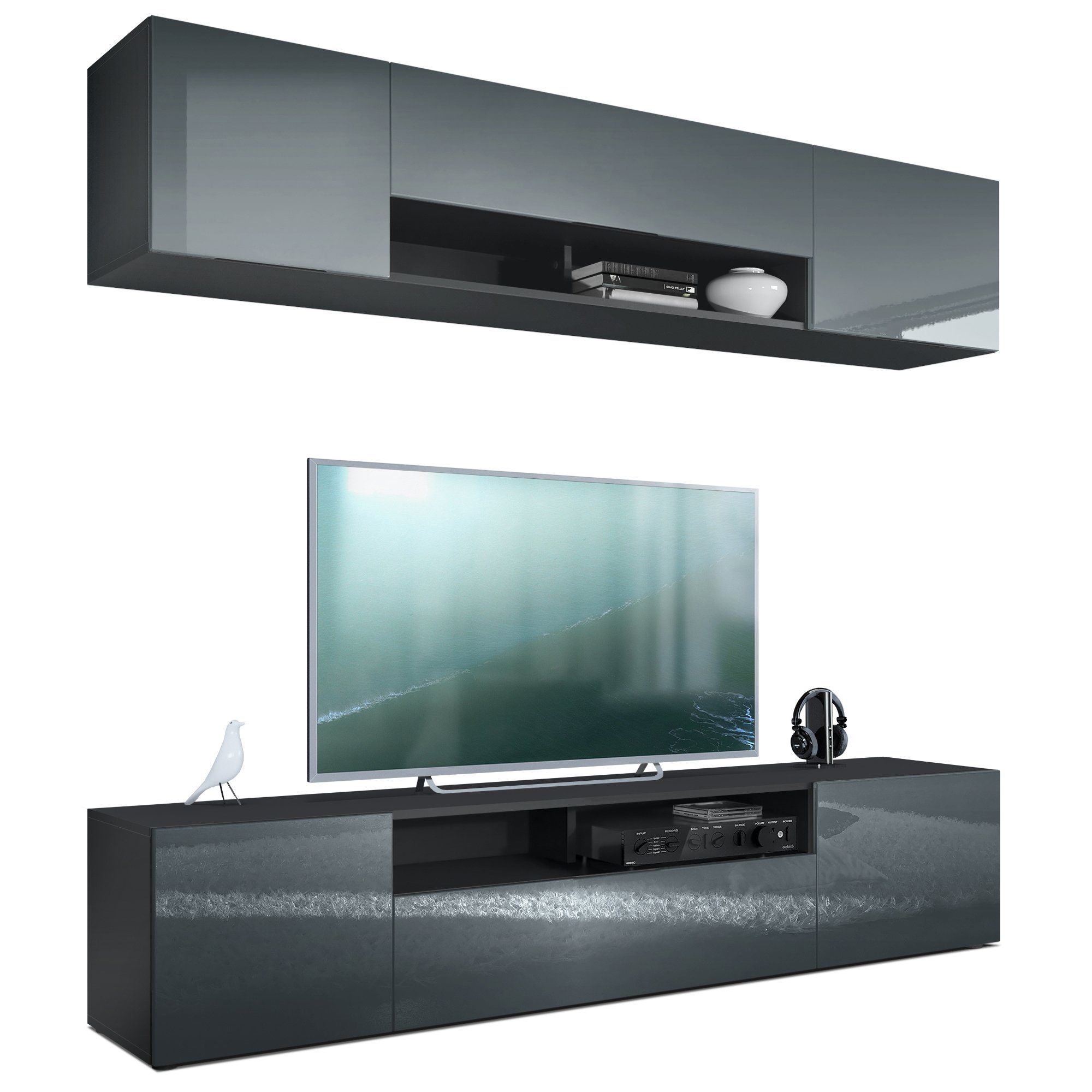 Vladon Wohnwand Mogan, (Anbauwand bestehend aus 2 TV-Boards, mit jeweils 2 Türen, 1 Klappe und 1 offenes Fach), Schwarz matt/Grau Hochglanz 2x (181 x 39 x 35 cm)