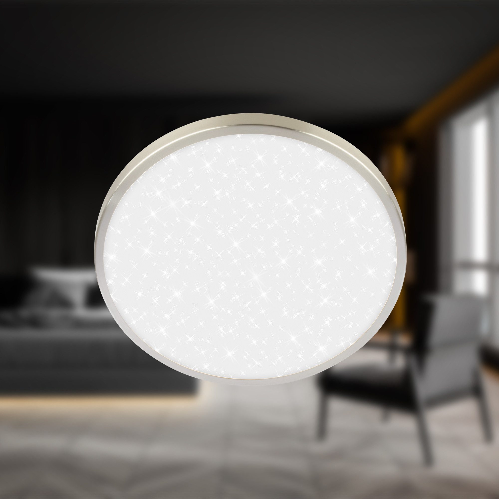 Briloner Leuchten Deckenleuchte LED Panel Sternenhimmeleffekt Deckenlampe Rund, LED fest integriert, 4000K, 24/33 x 6 cm Nickel-matt/Weiß Wohnzimmer Schlafzimmer