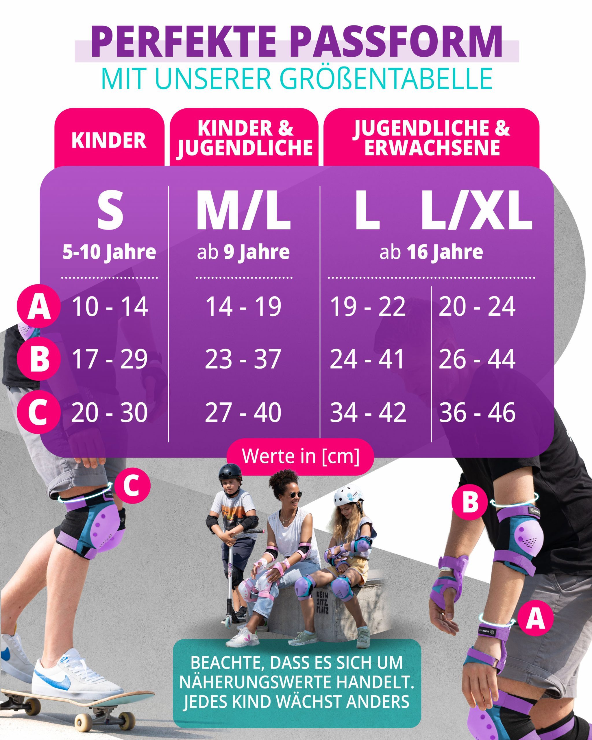 SKATEWIZ Protektoren-Set SMASH Knieschoner Kinder Inliner Schoner Erwachsene Protektoren Set (Schonerset Inliner skates Mädchen Schützer, 6-tlg., Inliner Schoner mit Knie-, Ellenbogen- und Handgelenkschützer), Schützer Inline Skates Kinder Schlittschuhe Schoner
