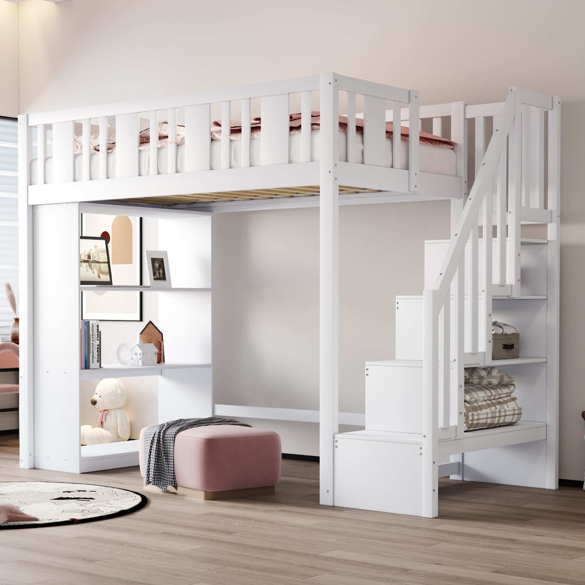 Merax Hochbett 90x200cm mit Stauraumtreppe und Sicherheitsgeländer (1-St) K günstig online kaufen