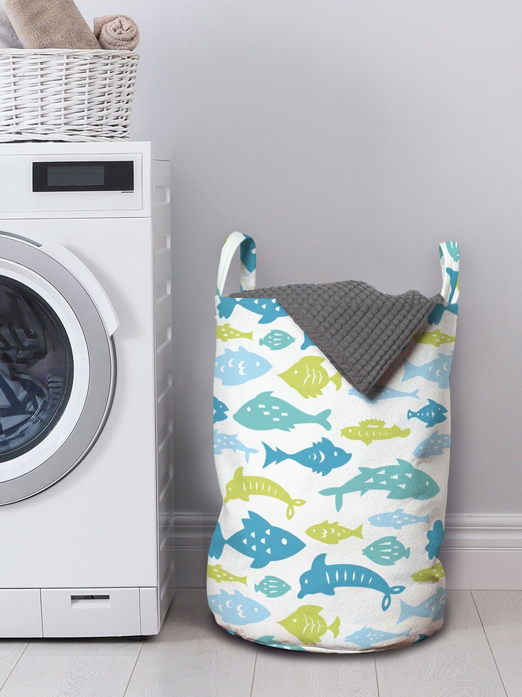 Abakuhaus Wäschesäckchen Wäschekorb mit Griffen Kordelzugverschluss Waschsalons, Geometrische Fisch Wassertiere für Kunst