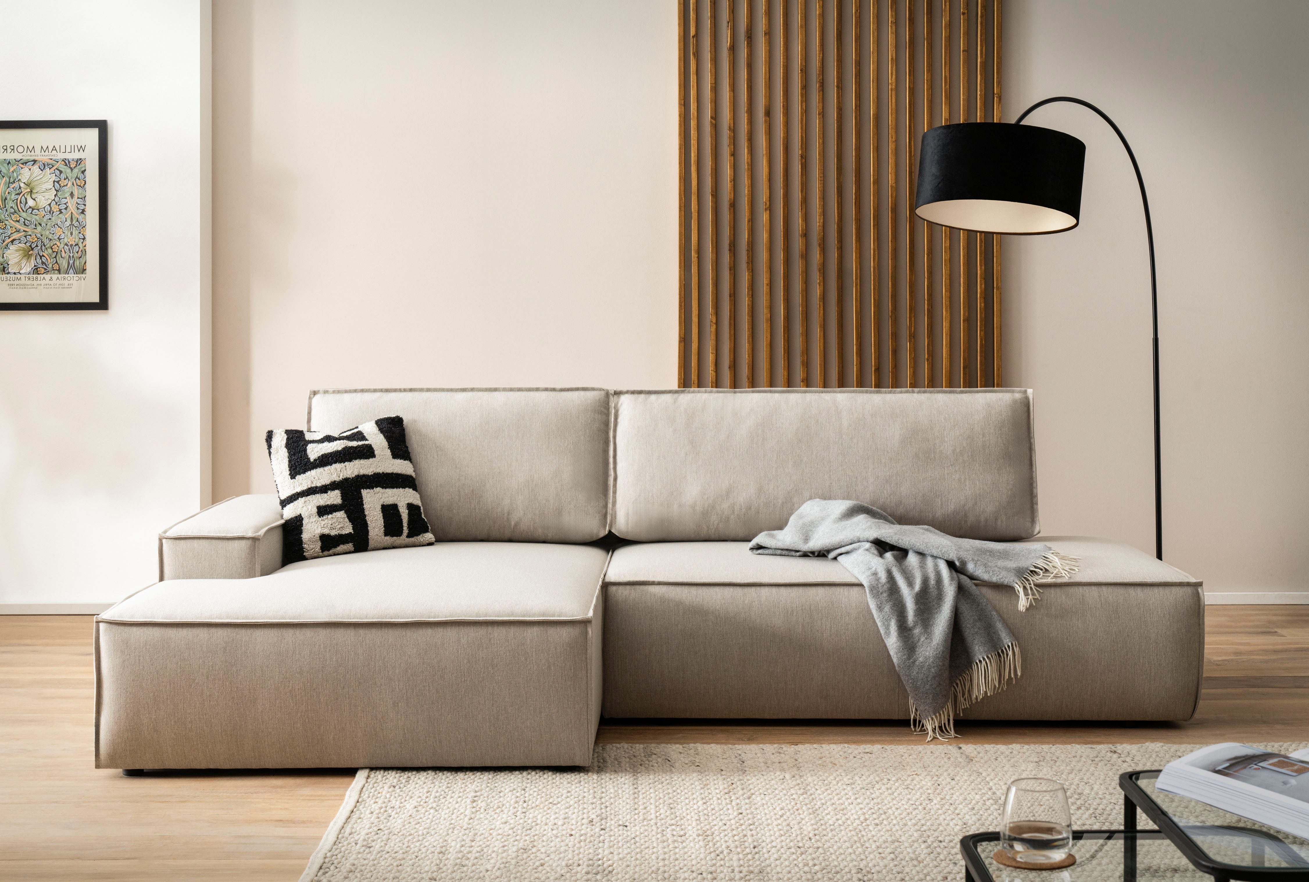 Ecksofa SHERWOOD, Schlafsofa in L-Form offen (275cm), Cord, Leinenoptik
