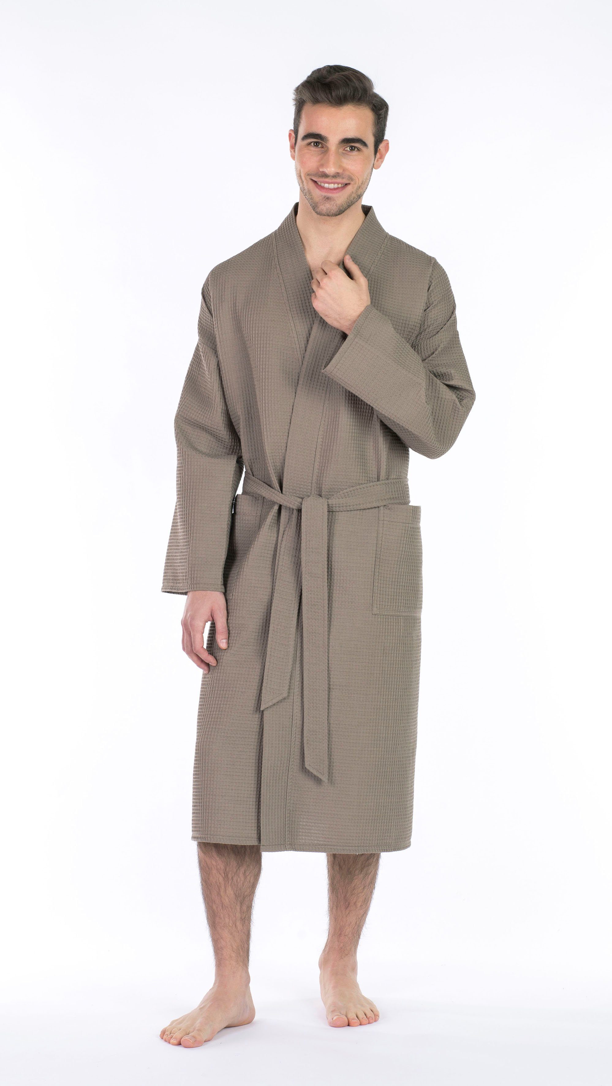 framsohn Waffelpiqué, leger frottier Unisex-Bademantel Langform, in Waffelpiqué geschnitten, Taupe Gürtel, hergestellt Österreich, Unisex Kimono-Kragen,