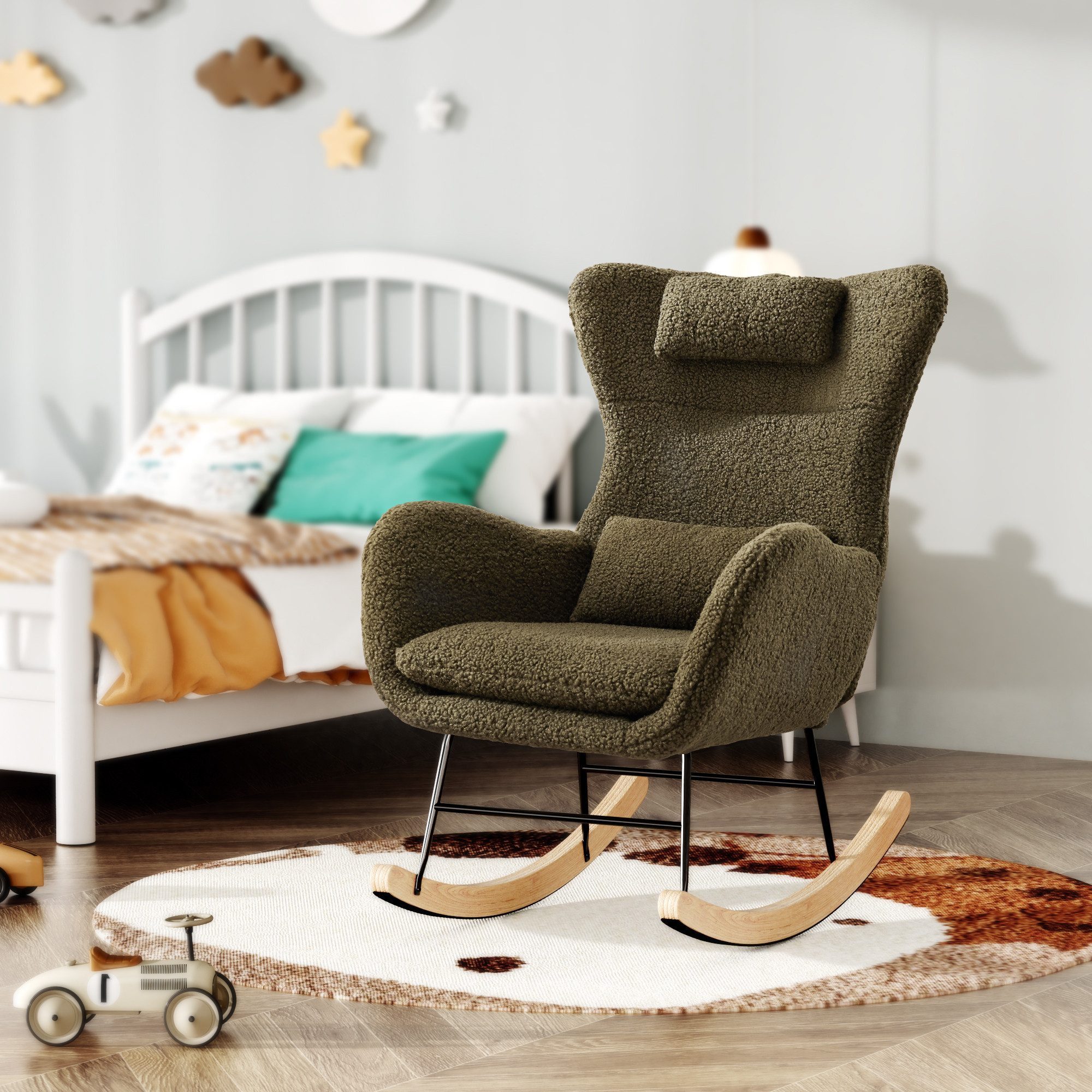 OKWISH Schaukelstuhl Teddy Plüsch-Swingsessel mit Holzsockel günstig online kaufen