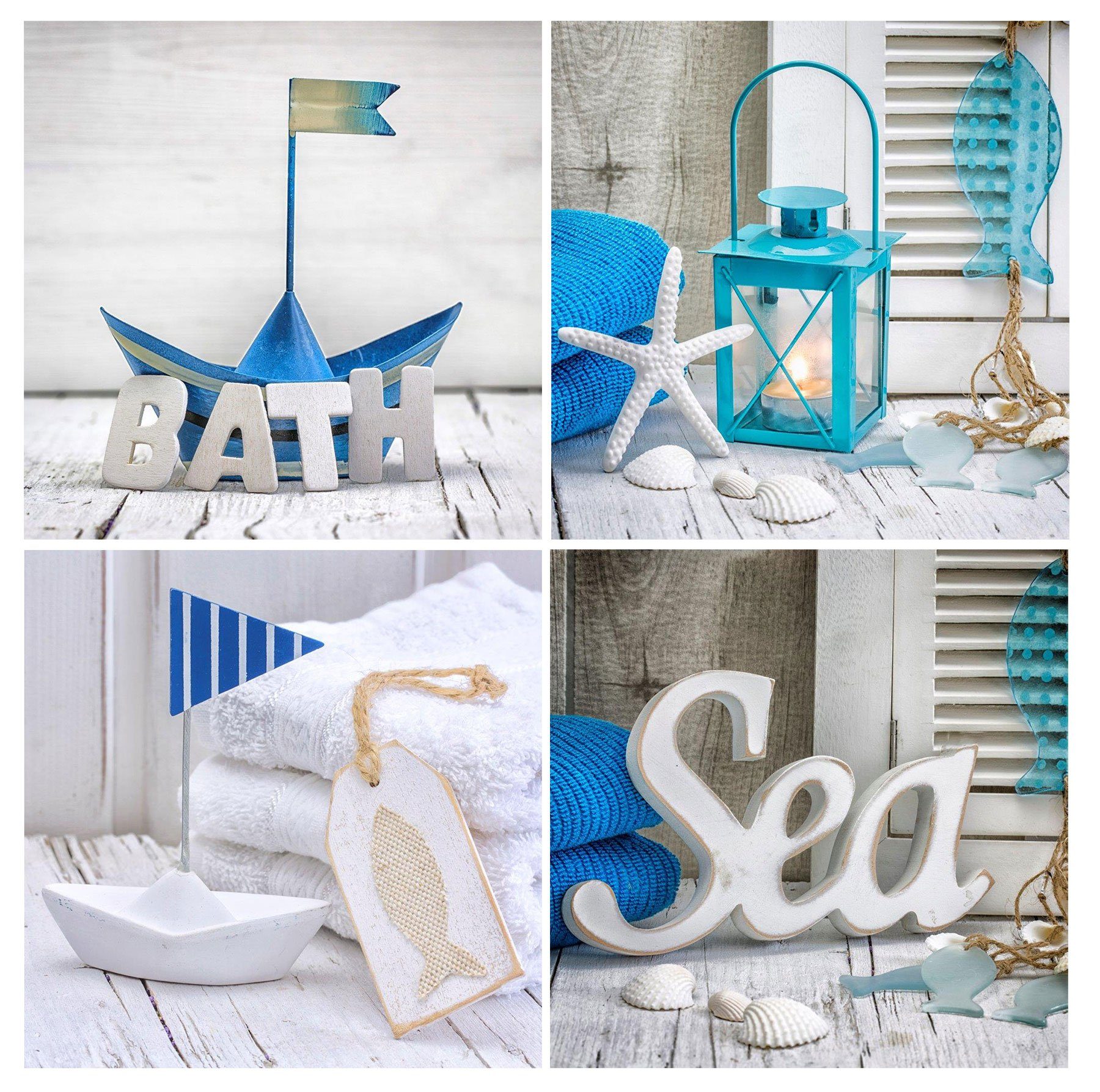 Levandeo® Glasbild, Glasbild 4er Set je 30x30cm Wandbild Glas Bad Deko Maritim Sea