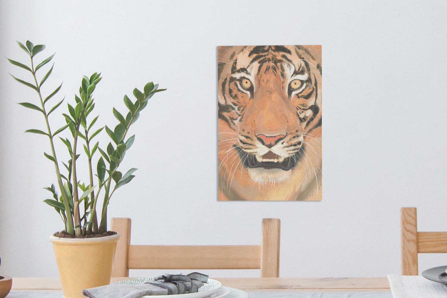 OneMillionCanvasses® Leinwandbild Tiger - Farbe St), 20x30 inkl. bespannt Leinwandbild - fertig cm Gemälde, (1 Zähne, Zackenaufhänger