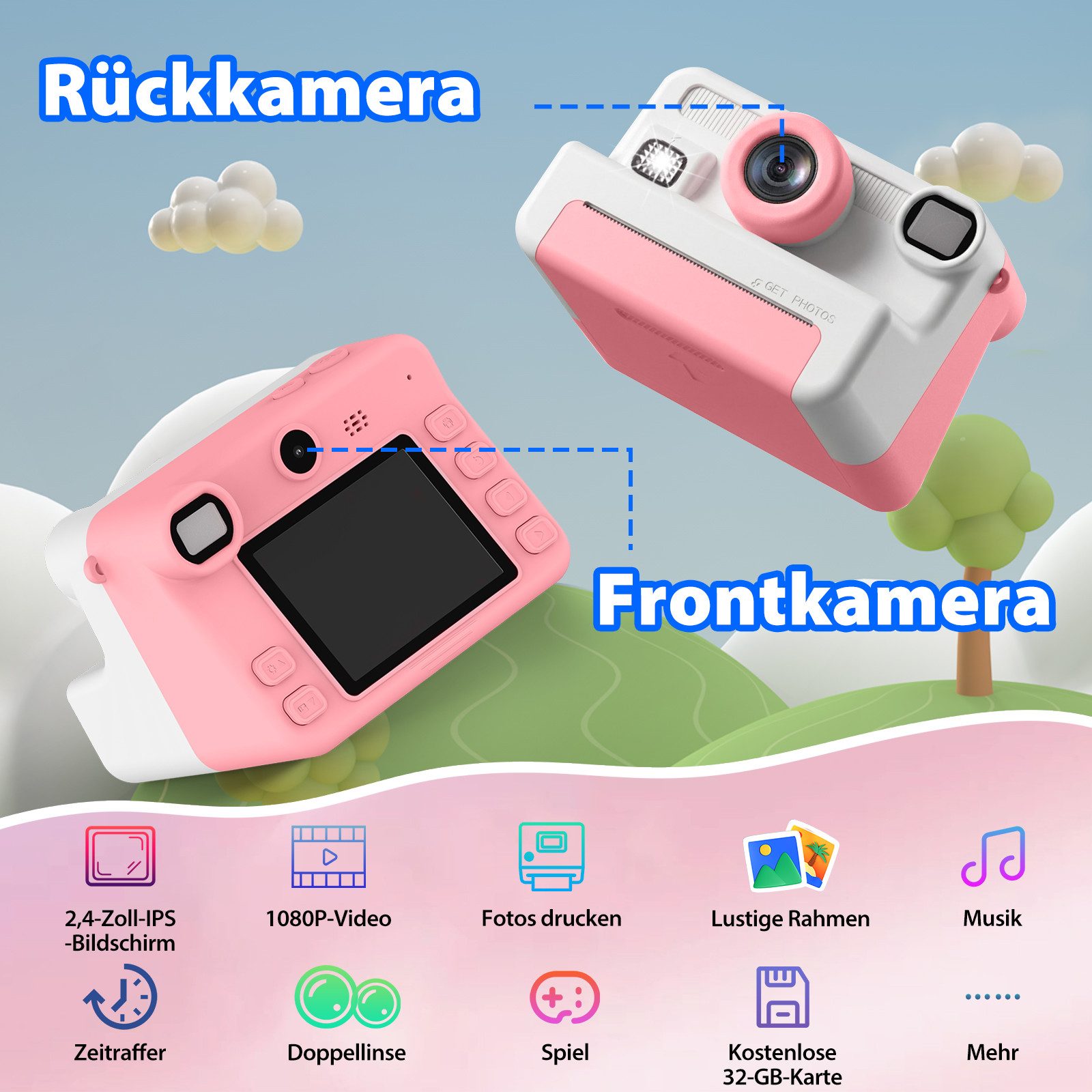 SWGOTA 1080P Kinderkamera Sofortbildkamera, 2,4 Zoll Digitalkamera Kinder Kinderkamera (30 MP, 8x opt. Zoom, 30MP Sofortbildkamera Kinder,3 Druckpapier,32GB Karte,für 3-14 Jahren)
