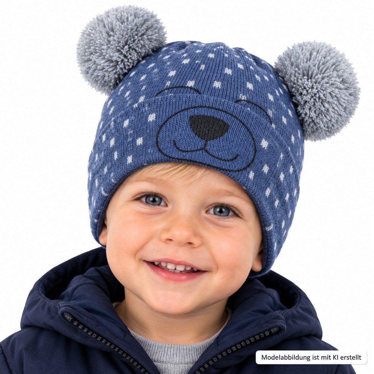 AJS Strickmütze Wintermütze Bommelmütze Kindermütze Aufgesticktes Bärengesicht