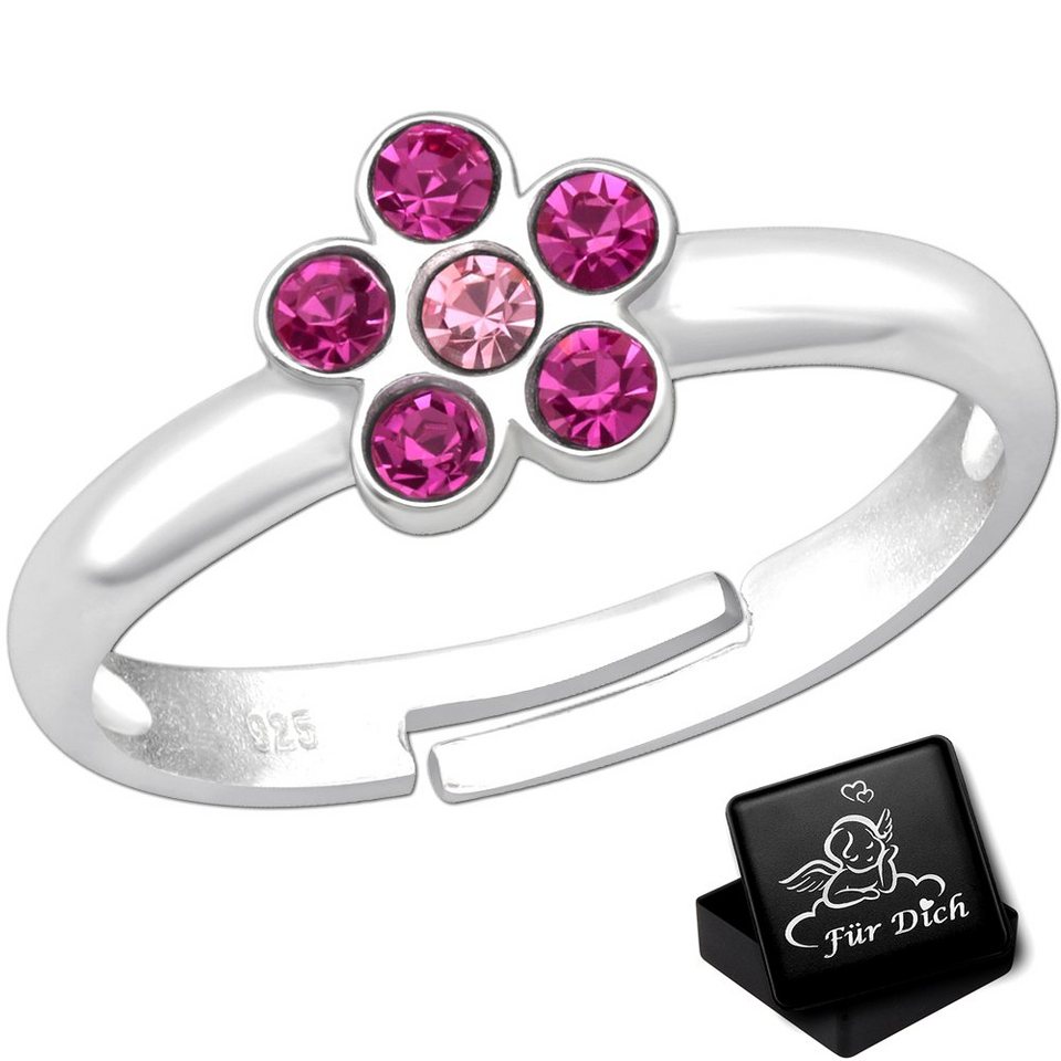 Limana Fingerring Mädchen Kinderring verstellbarer Ring echt 925 Sterling  Silber Blume (inkl. Geschenkdose), Zirkonia Kinderschmuck Pink