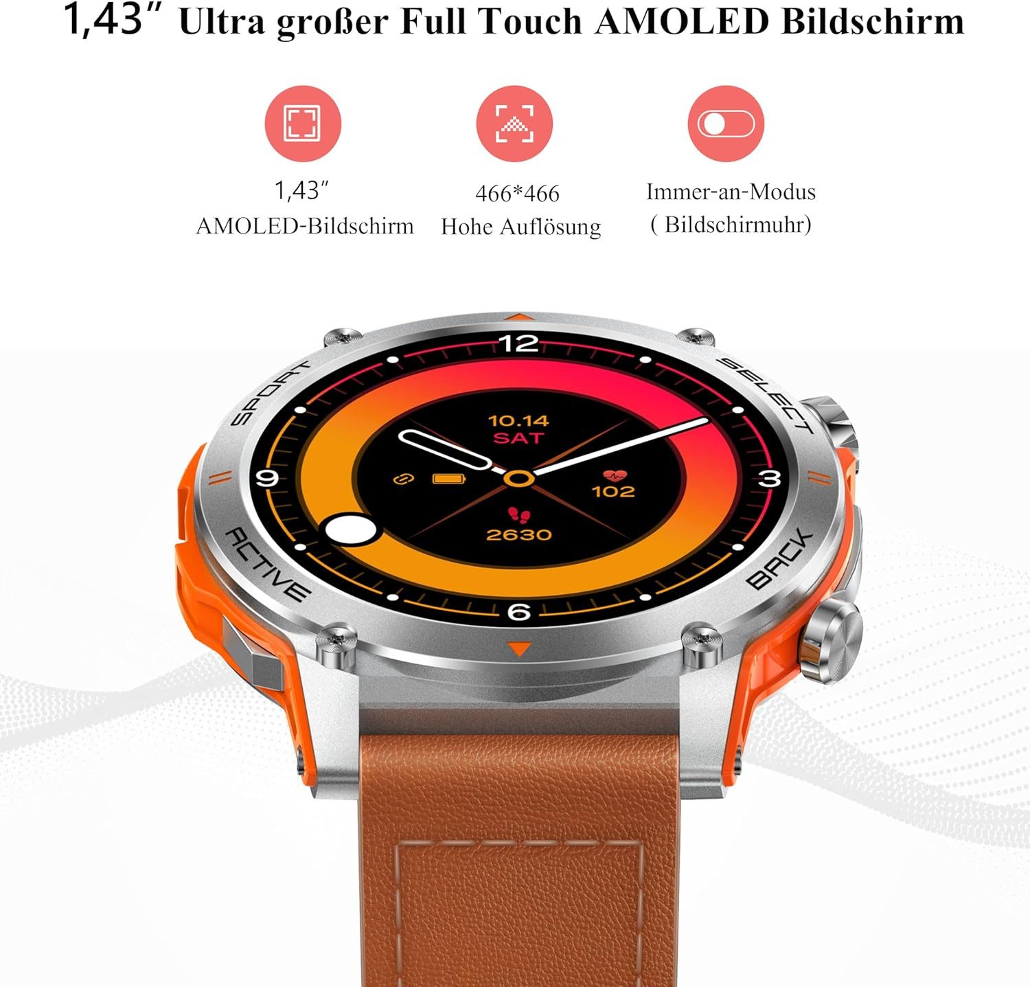 Popglory S136 Smartwatch (3,7 cm, android ios), Smartwatch mit AMOLED Display, Bluetooth Telefonie und 110
