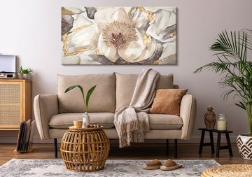 YS-Art Gemälde Malve, Blumen, Gold Weiß Blume Leinwand Bild Handgemalt